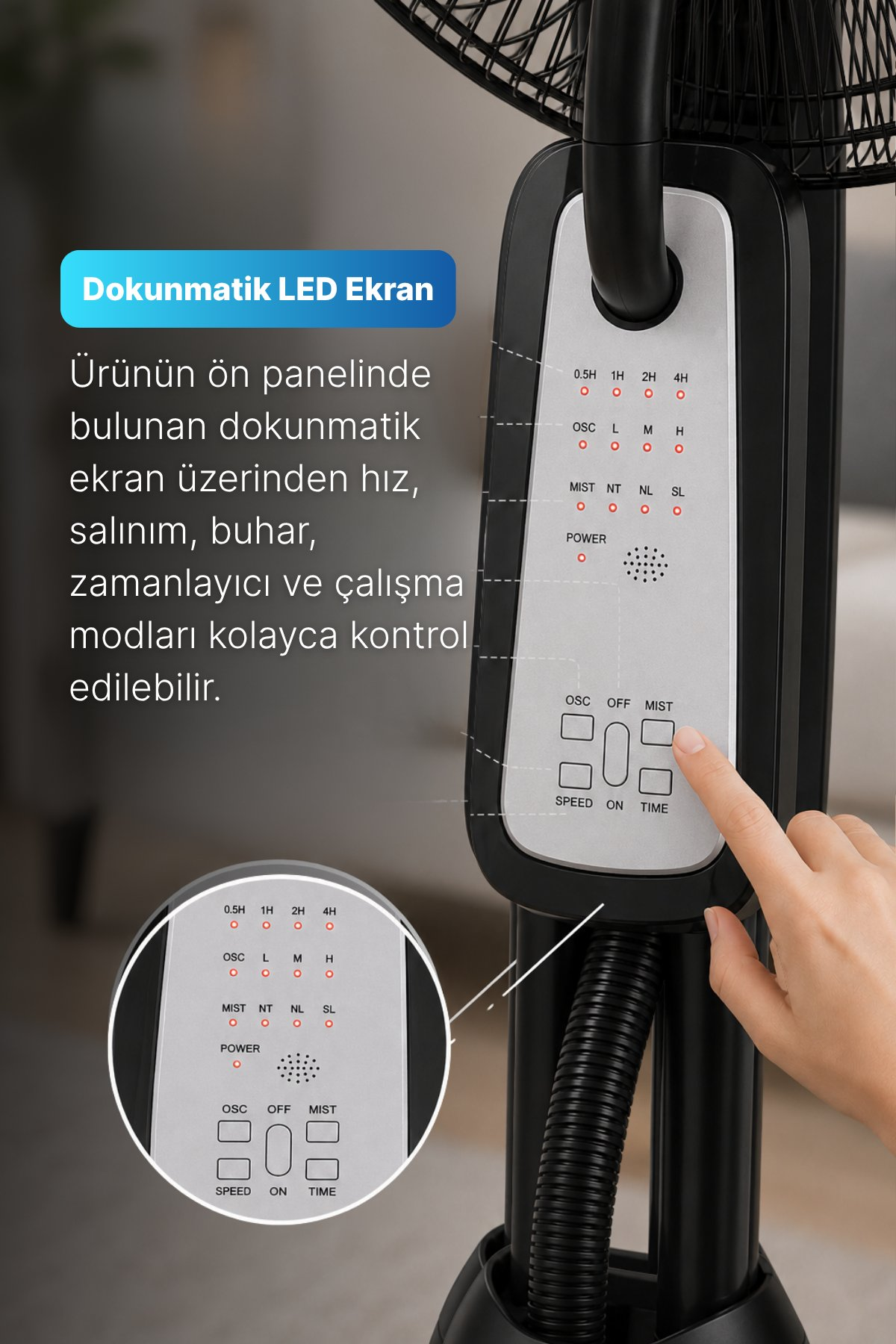 Siyah ayaklı vantilatörün LED dokunmatik paneline dokunan bir el.
