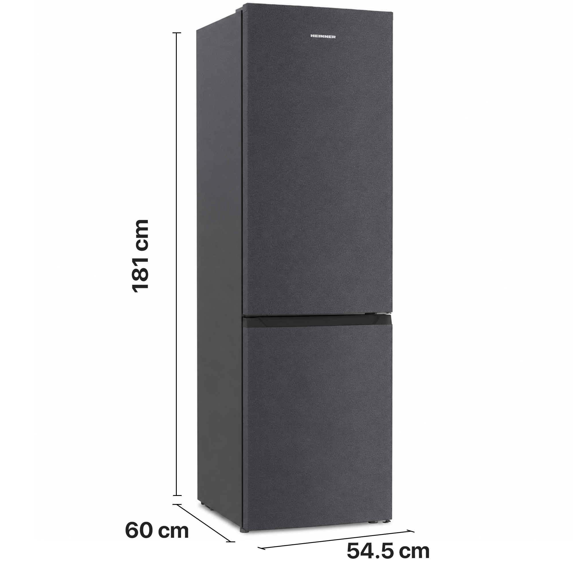 Réfrigérateur pose libre gris foncé aux dimensions : 181 cm de haut, 60 cm de profondeur et 54,5 cm de large.