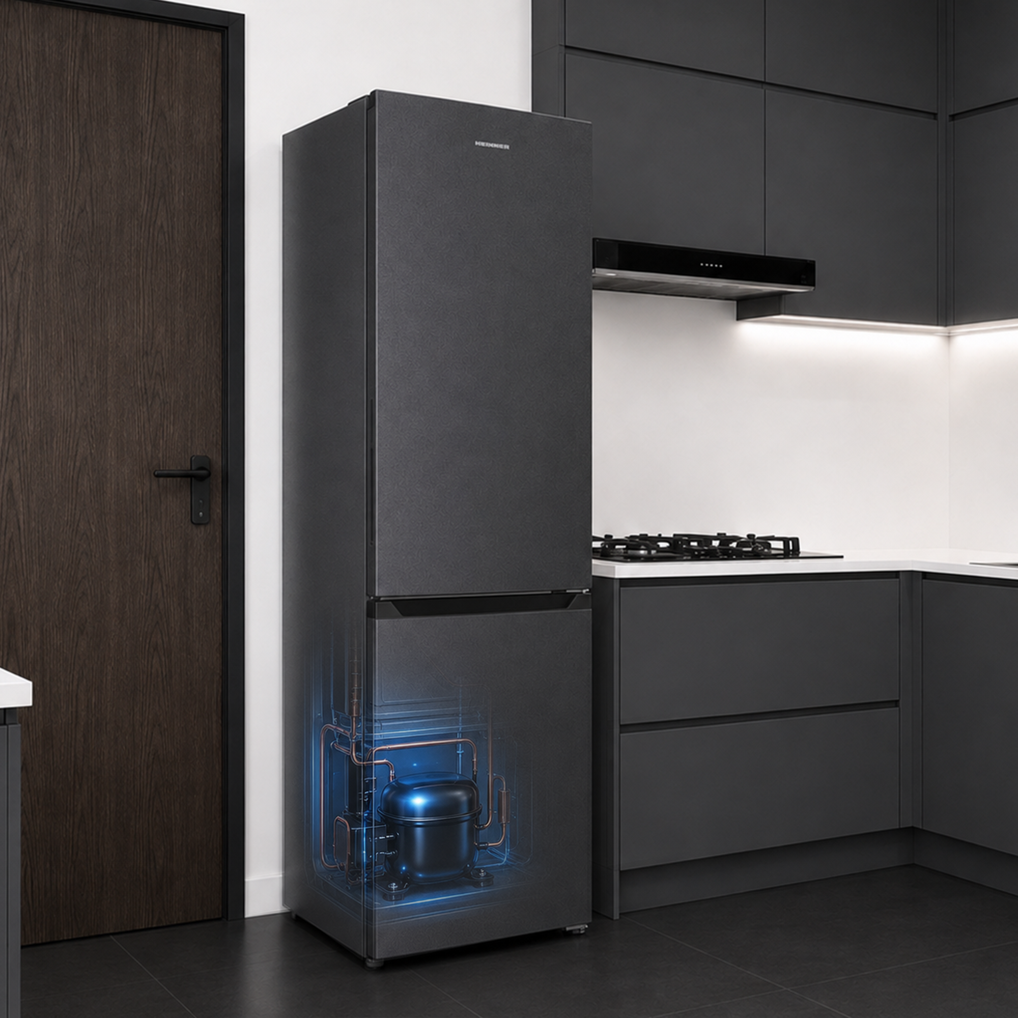 Un réfrigérateur gris foncé dans une cuisine moderne, montrant son compresseur.