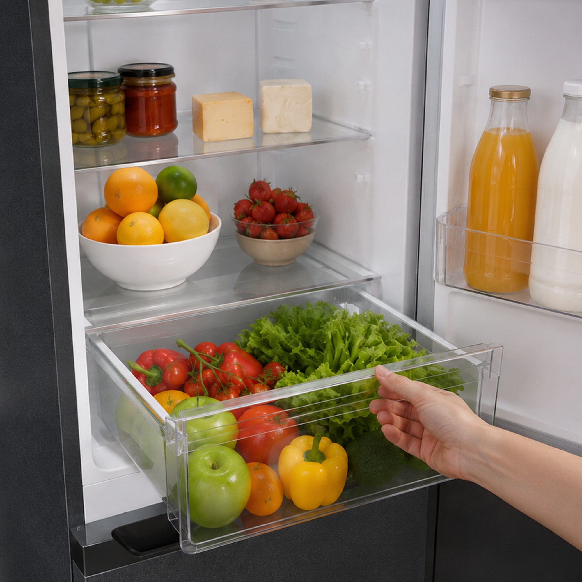 La porte ouverte du réfrigérateur montre des étagères garnies de fruits, légumes et boissons.