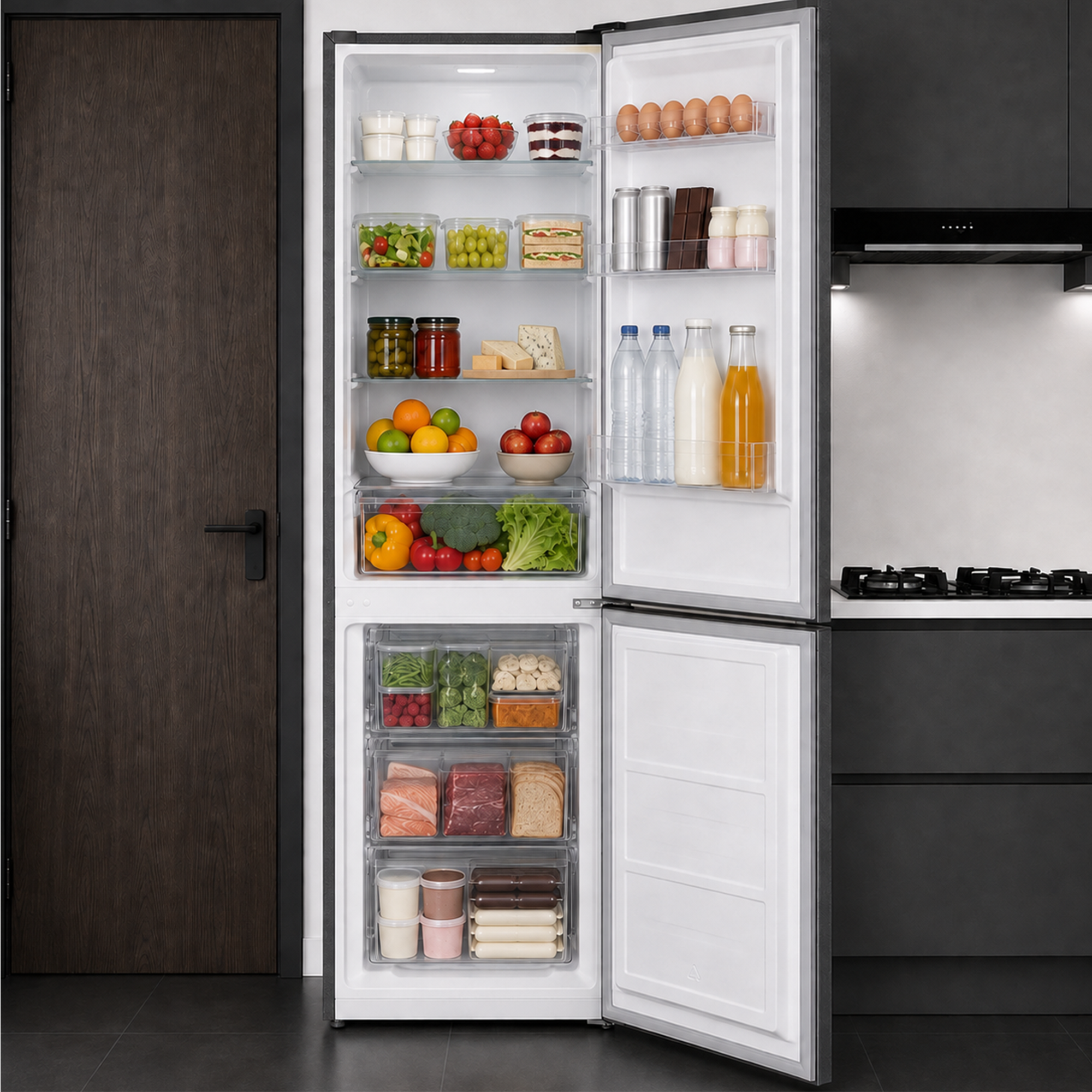Un réfrigérateur ouvert rempli de fruits frais, légumes, boissons, produits laitiers et aliments dans une cuisine.