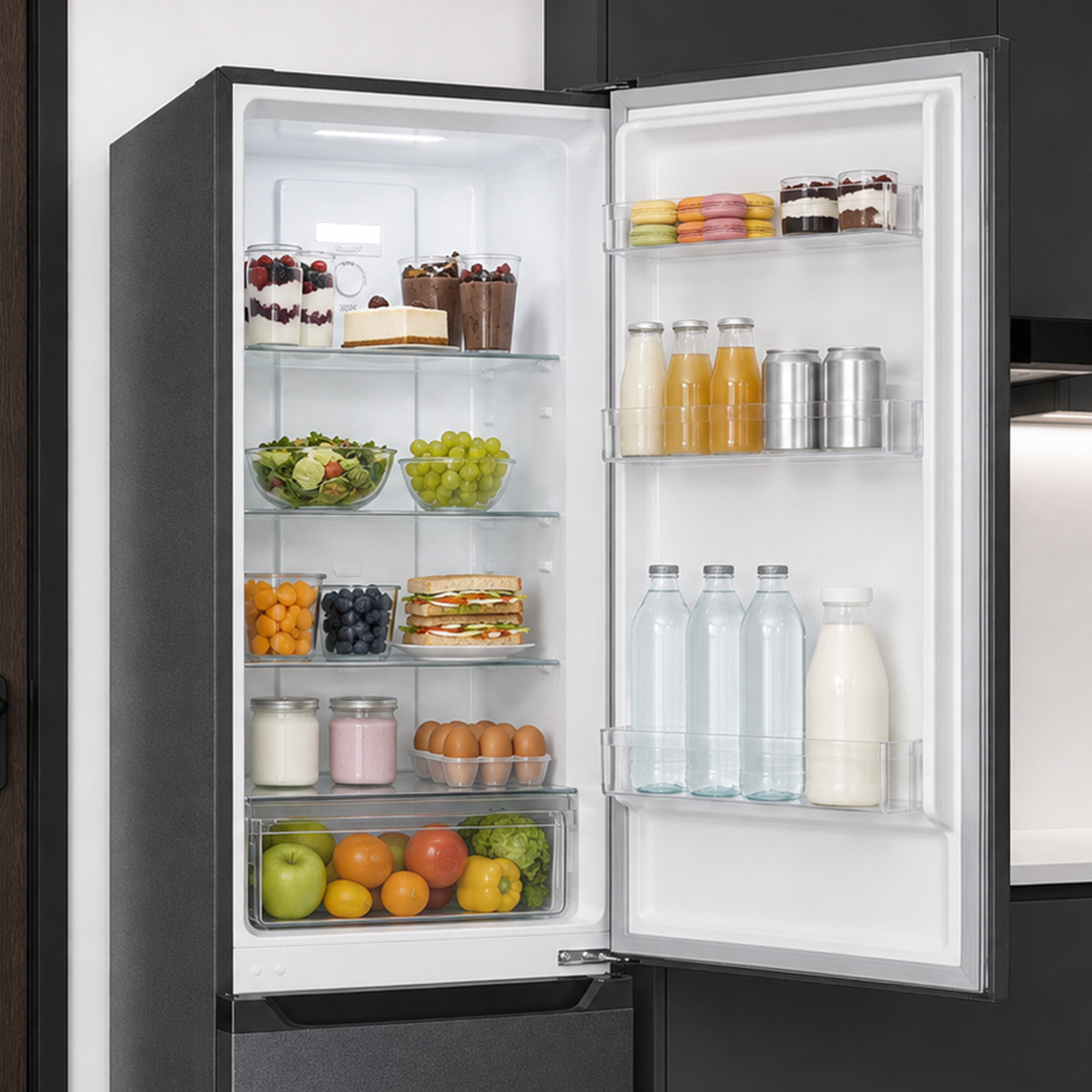 Réfrigérateur ouvert rempli de desserts, légumes, boissons, produits laitiers et fruits frais sur ses étagères.