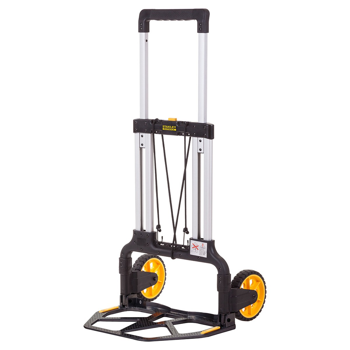 A silver and black hand truck with yellow wheels and a foldable base plate.