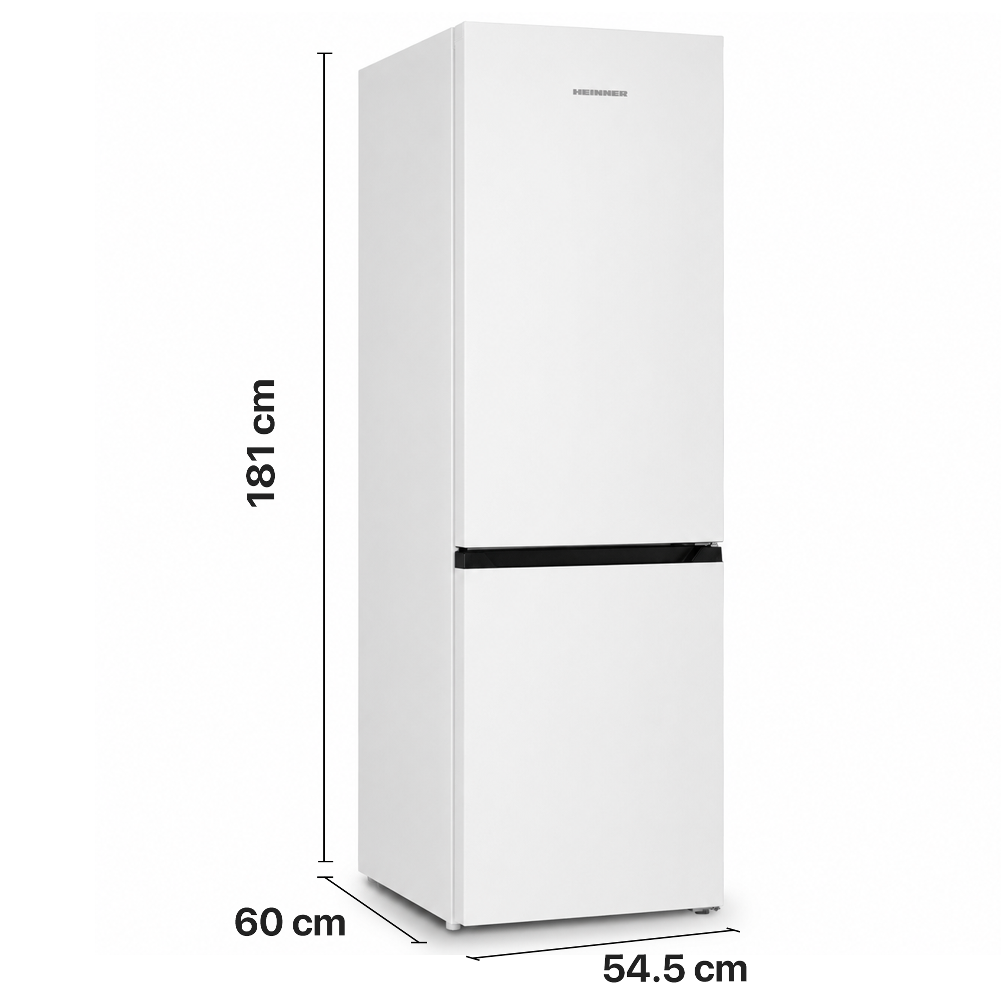 A white Heinner refrigerator with dimensions: 181 cm height, 54.5 cm width, 60 cm depth.