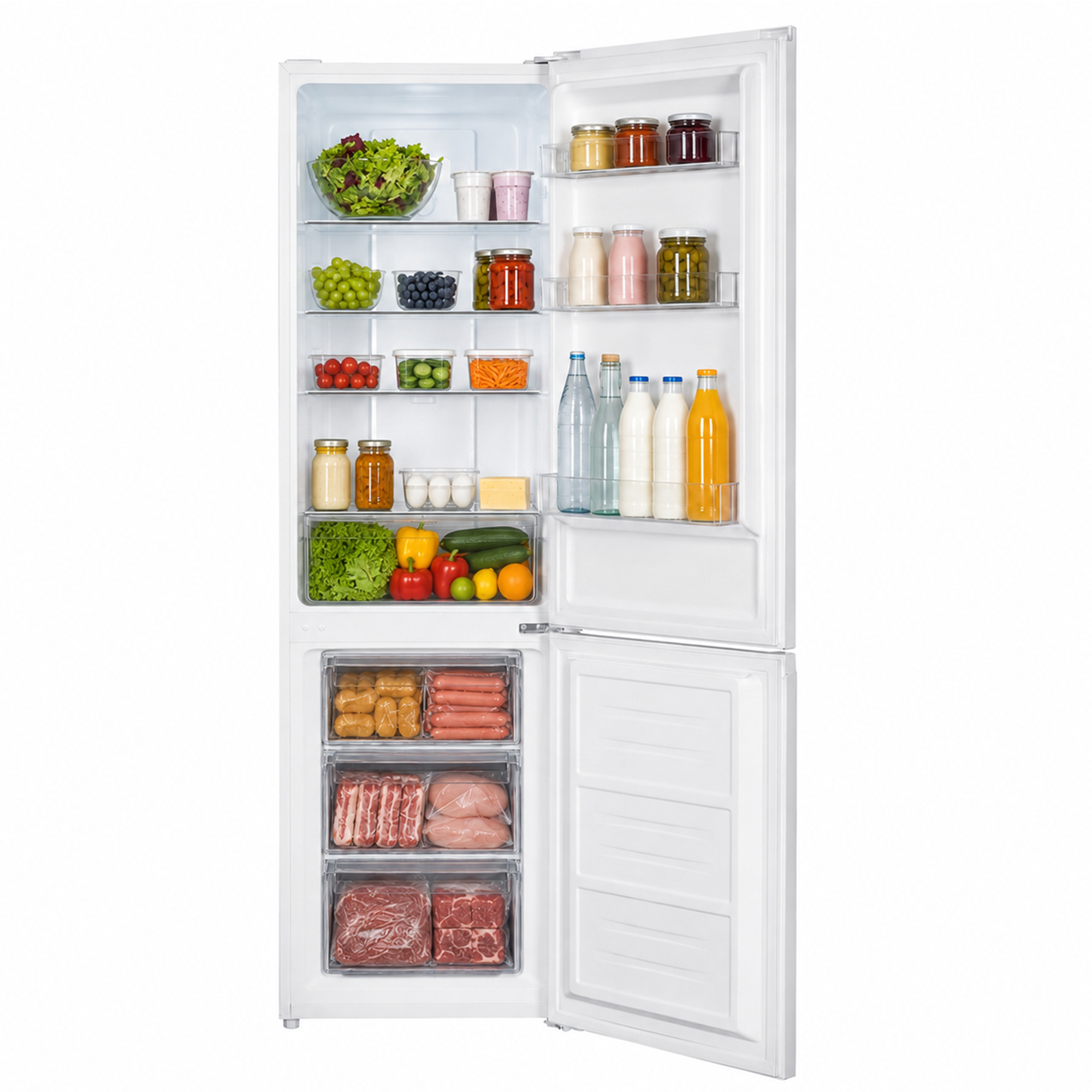 An open white refrigerator filled with fresh produce, dairy, bottles, and packaged meat on shelves and in drawers.