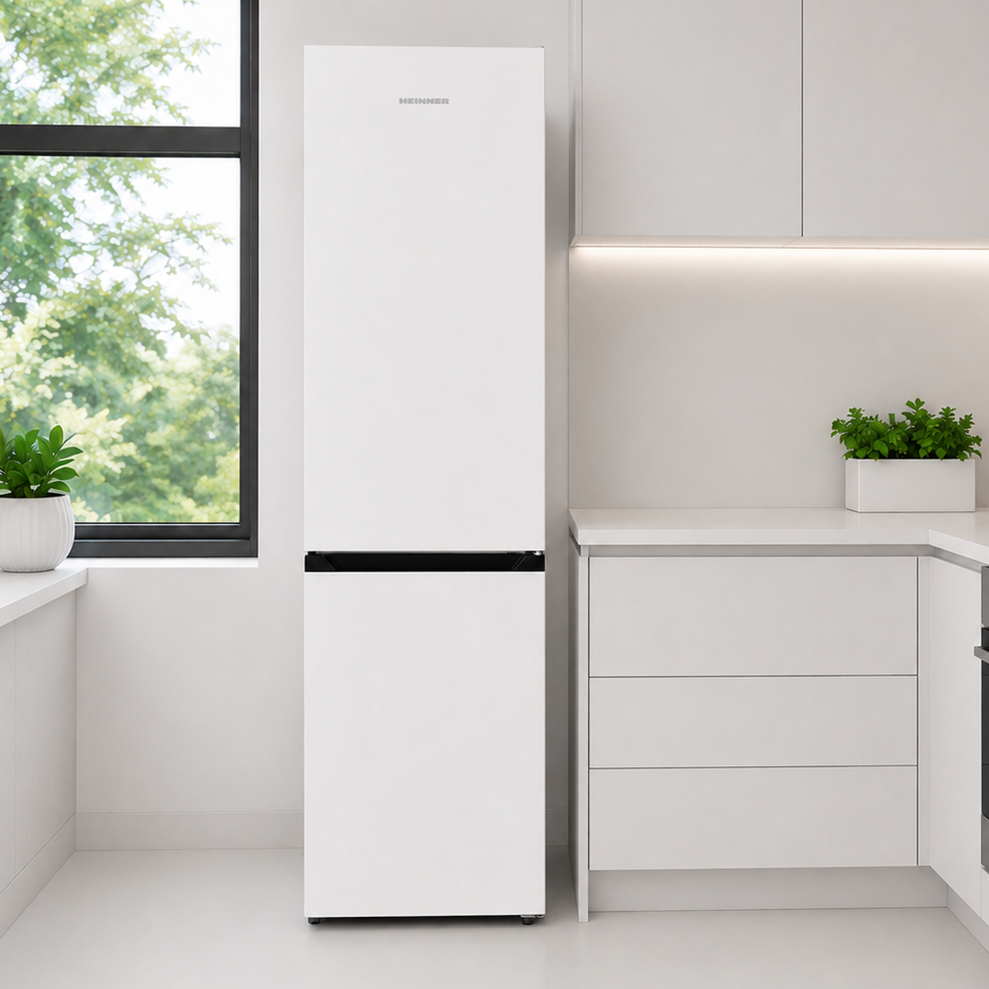 A white refrigerator stands in a modern kitchen beside a window showing green trees.
