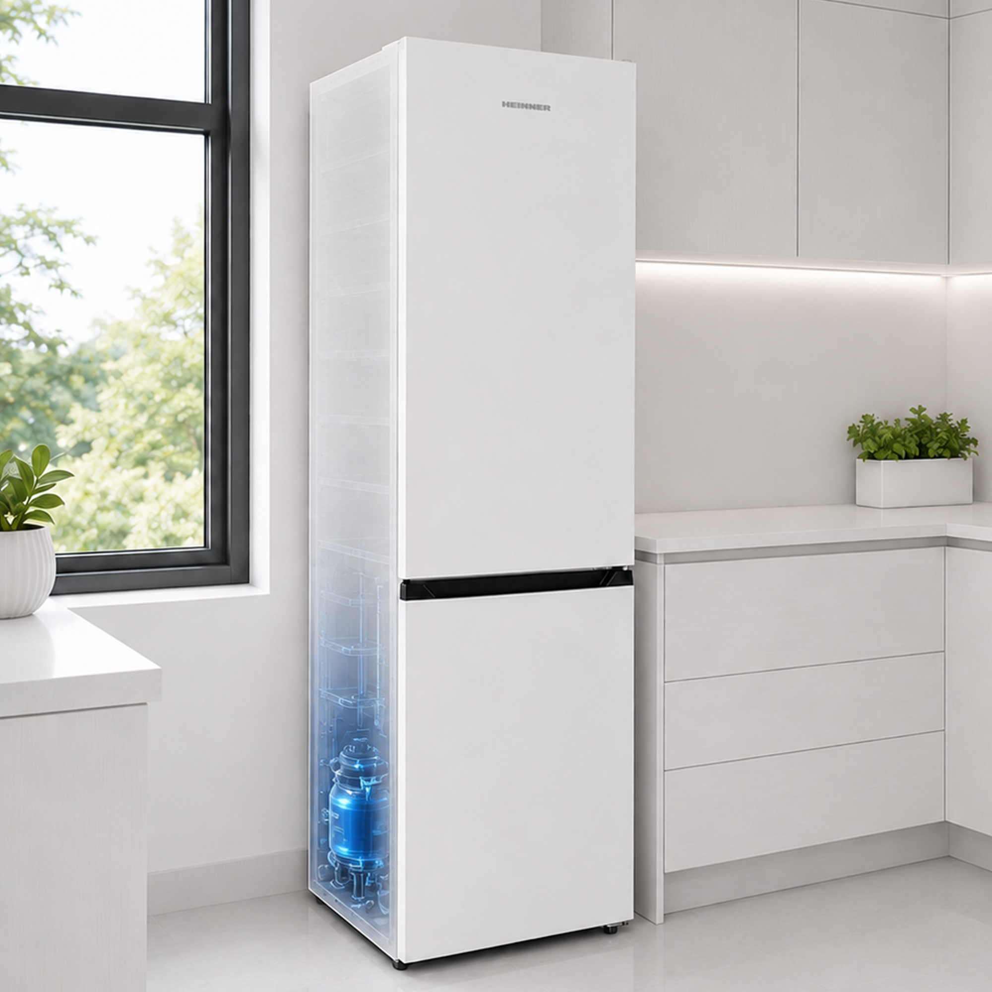 A white refrigerator stands in a bright kitchen with windows and white cabinets.