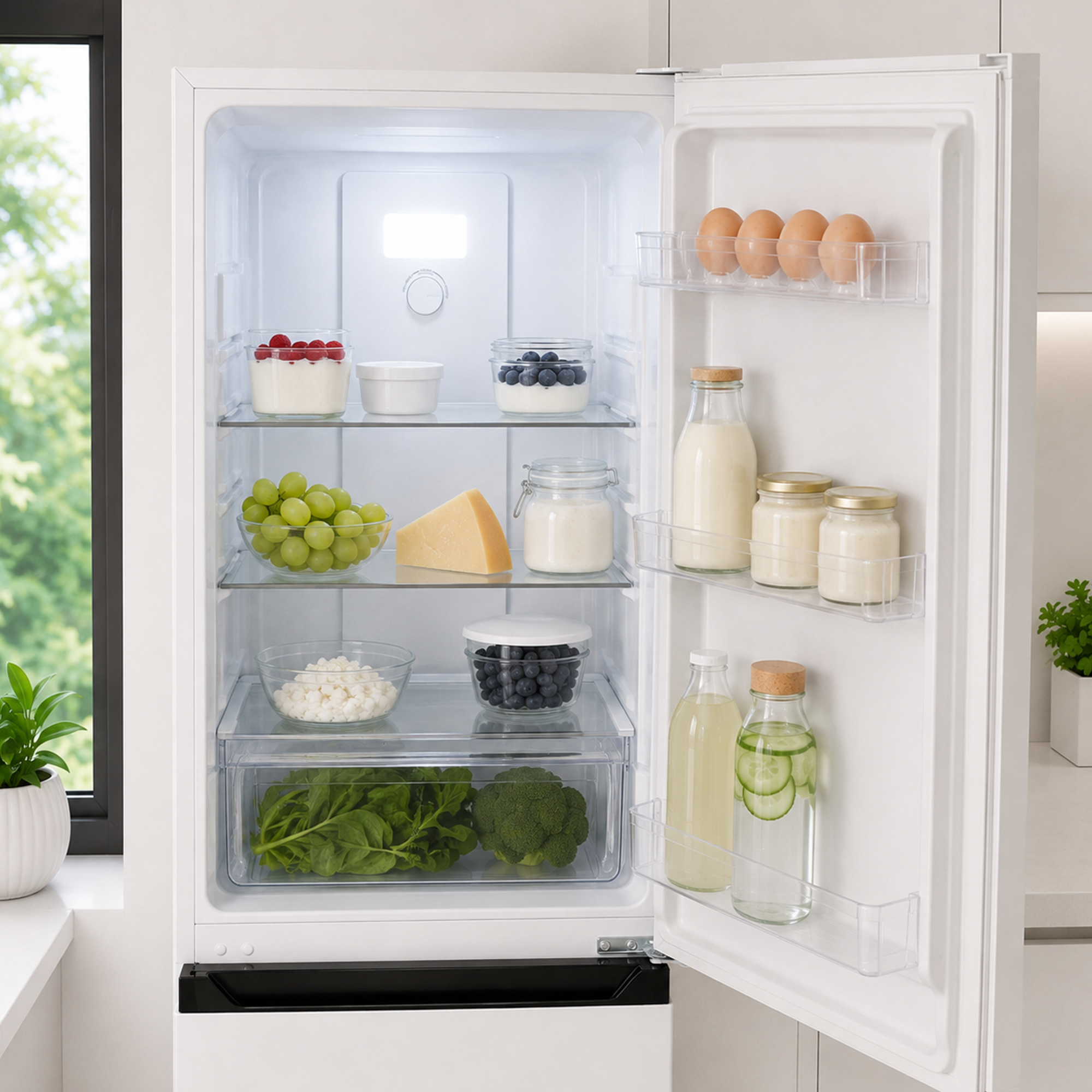 An open white refrigerator stocked with fresh fruits, vegetables, cheese, milk, and eggs on glass shelves.
