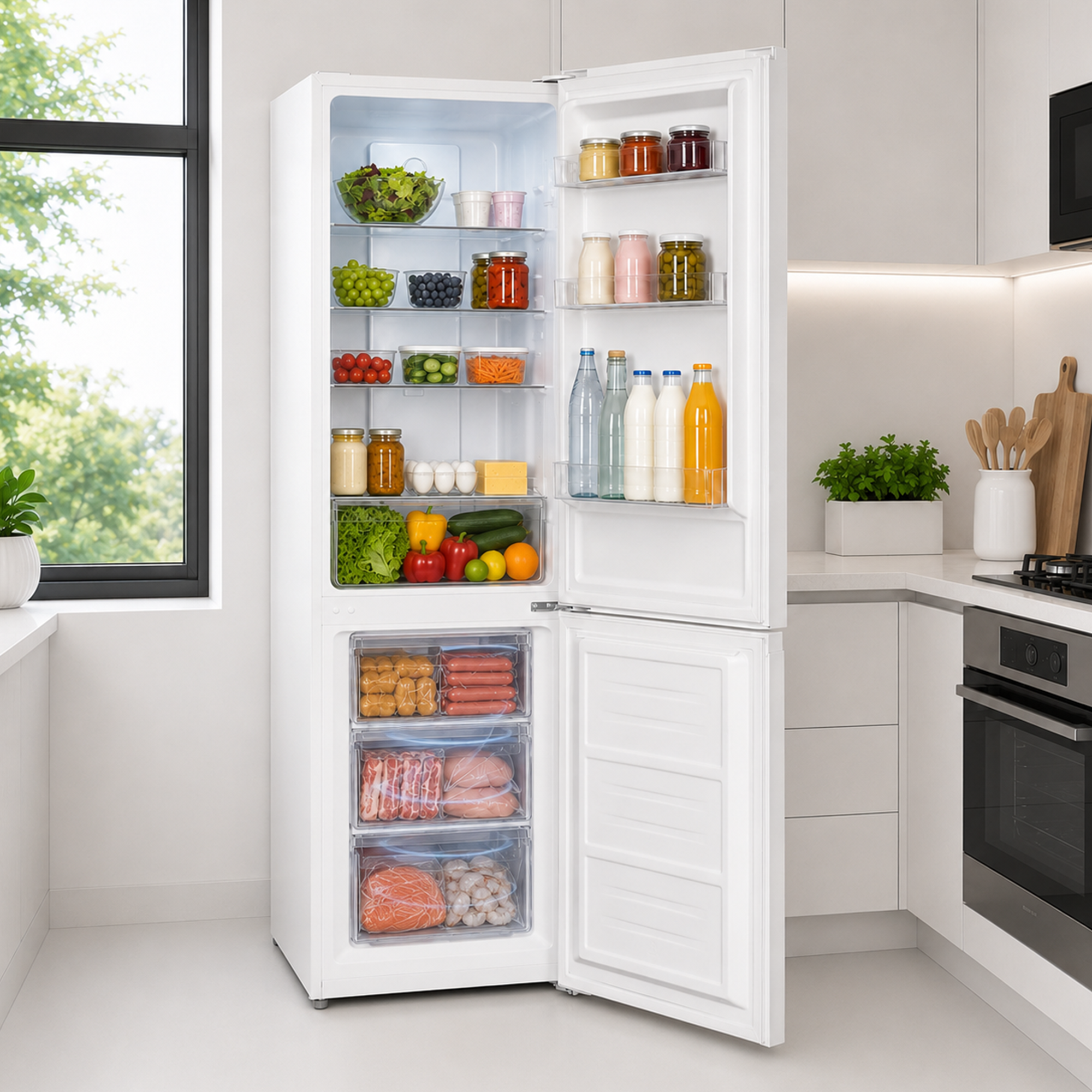An open white refrigerator filled with fresh vegetables, fruit, bottles, and frozen foods in a modern kitchen.