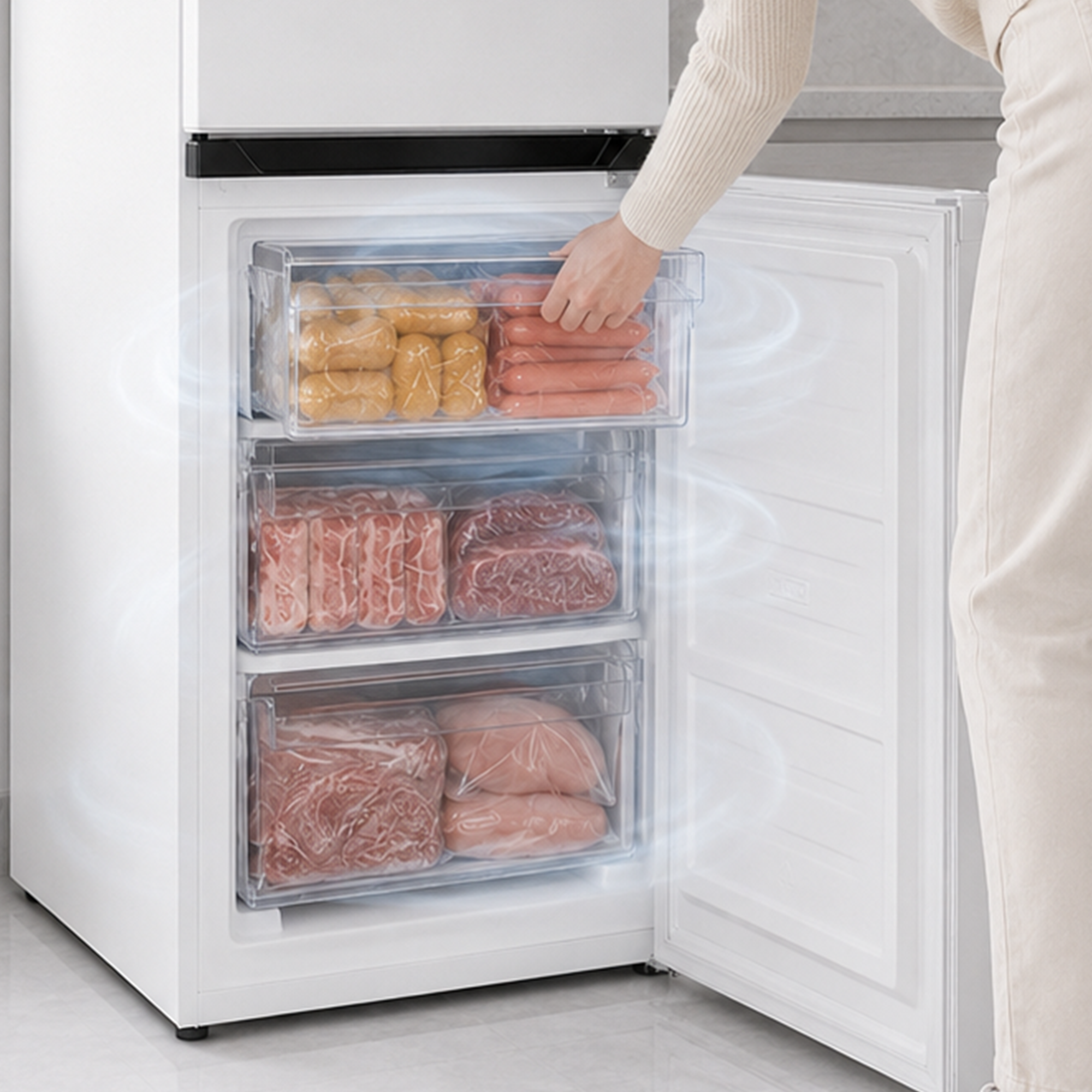 A person opens a freezer drawer filled with packaged meat and sausages.