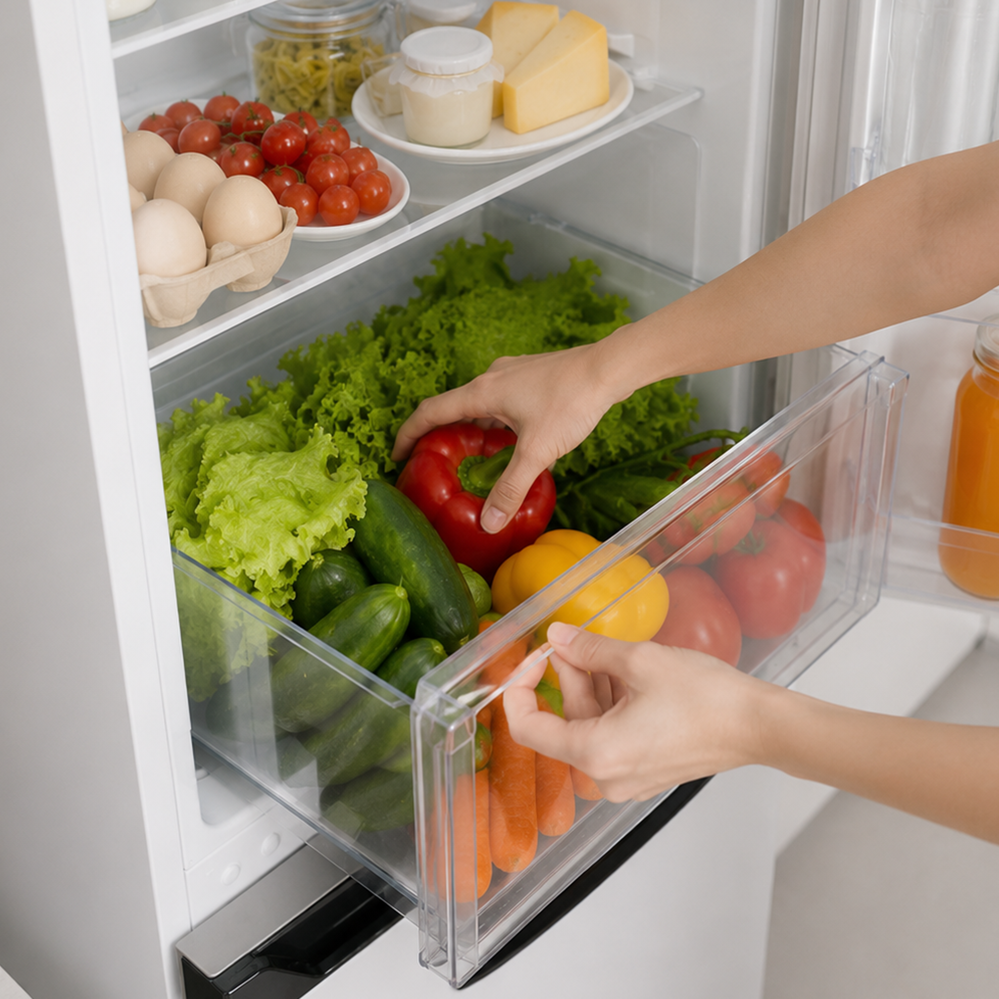 Person picking a red bell pepper from a well-stocked refrigerator vegetable drawer.