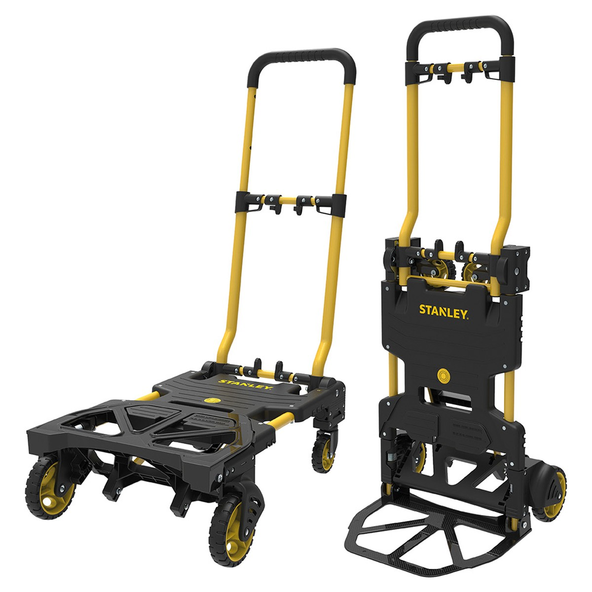 Een zwart-gele converteerbare Stanley steekwagen in platformwagen- en rechtopstaande stand.