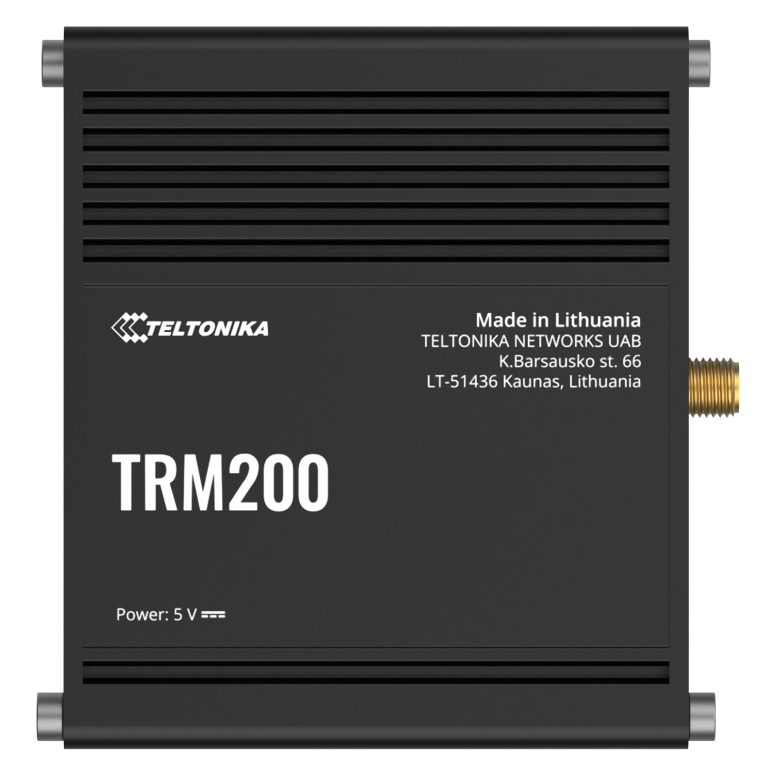 Un dispositivo nero Teltonika TRM200 con testo e connettori.