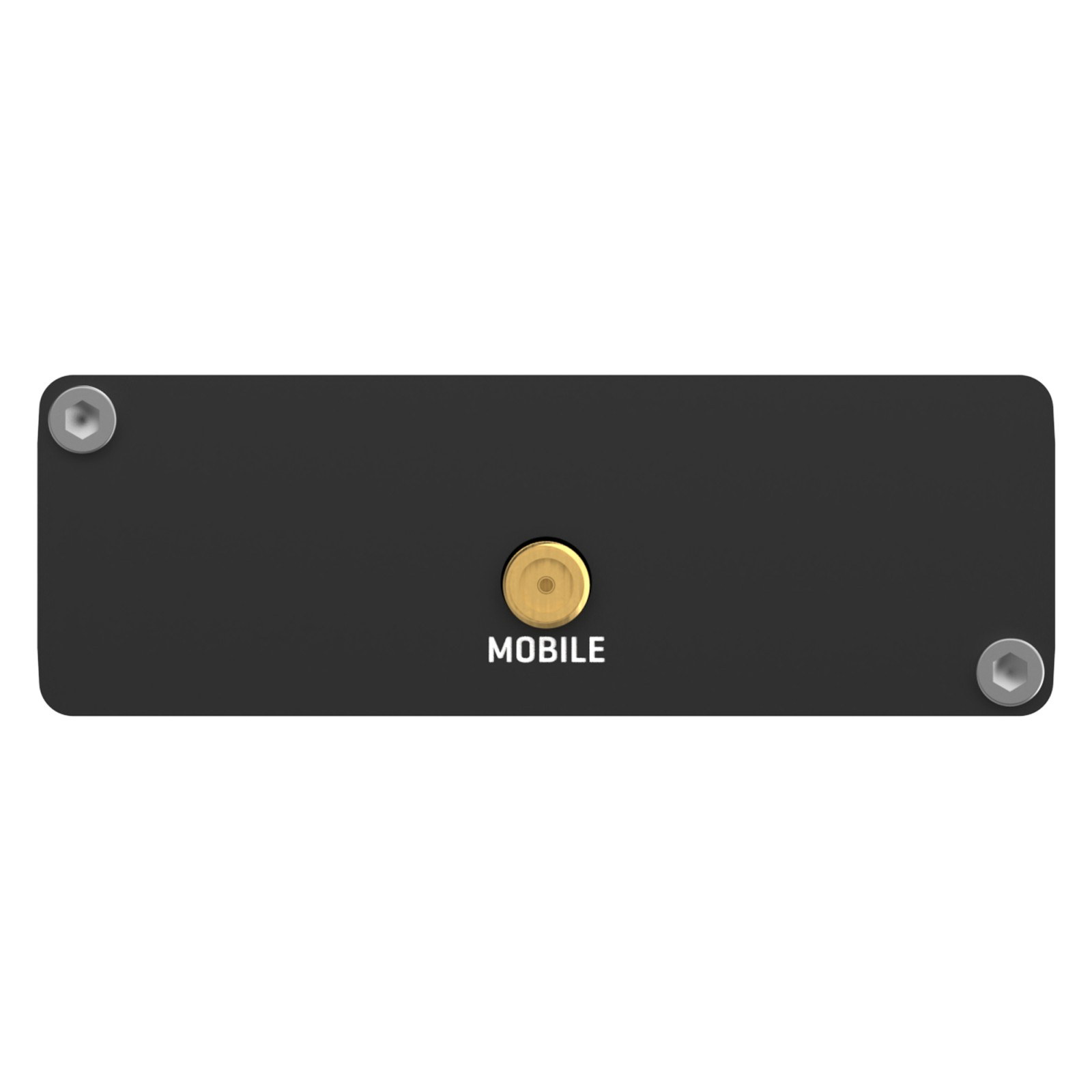 Pannello nero con due viti, una presa dorata e l'etichetta MOBILE.