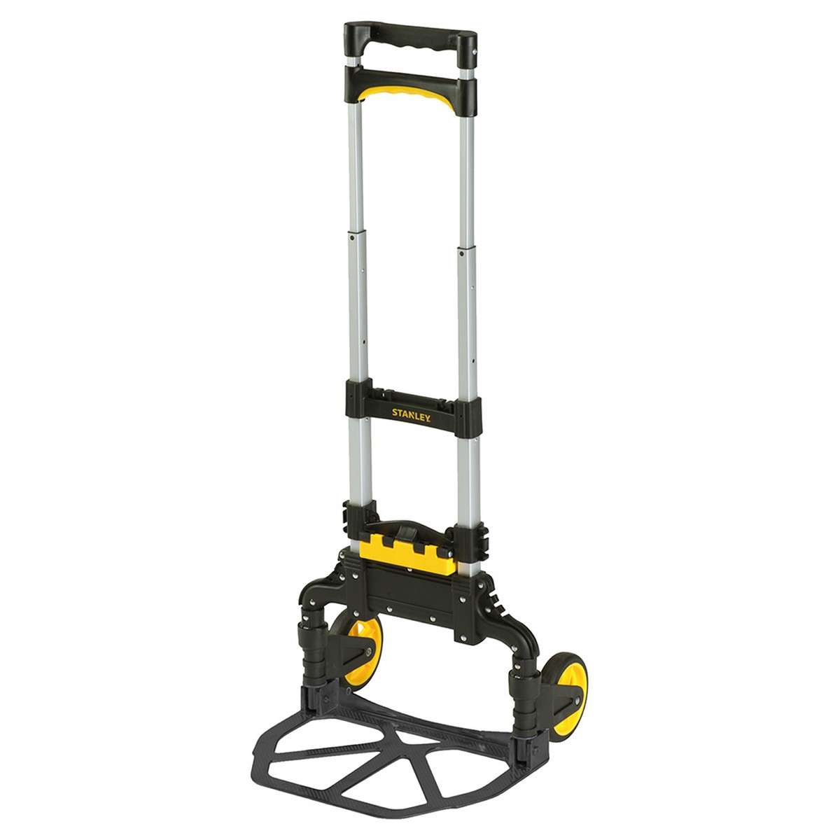 Un carrello a mano pieghevole Stanley con ruote gialle, barre telescopiche argentate e base nera.