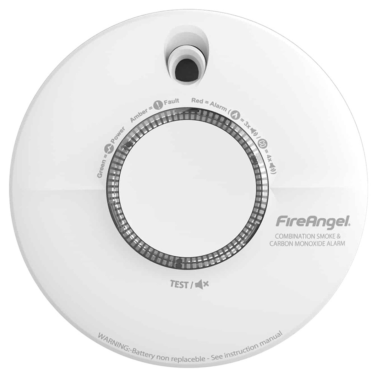 Alarma combinada redonda blanca de humo y monóxido de carbono FireAngel con botón de prueba central.