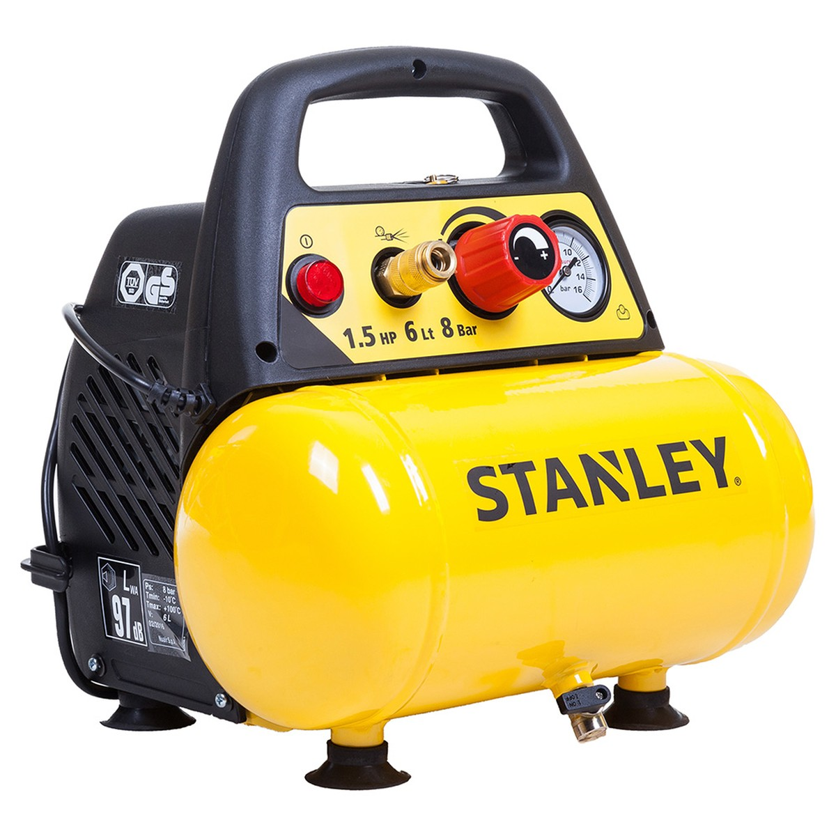Un compressore d'aria portatile Stanley giallo e nero con motore da 1,5 CV e serbatoio da 6 litri.