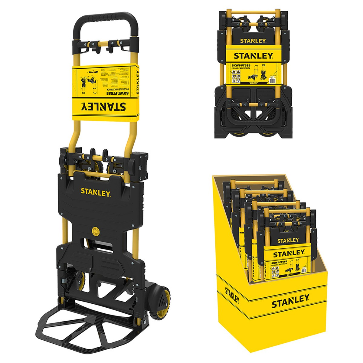 Un carrello a mano pieghevole Stanley giallo e nero, mostrato aperto, chiuso e in un box espositivo.