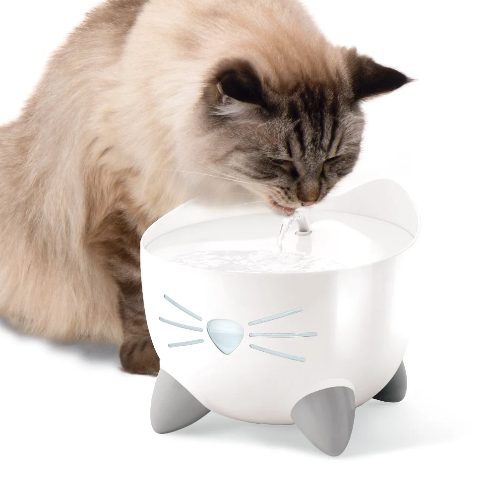Eine flauschige Katze trinkt Wasser aus einem weißen, katzenförmigen Brunnen auf weißem Grund.