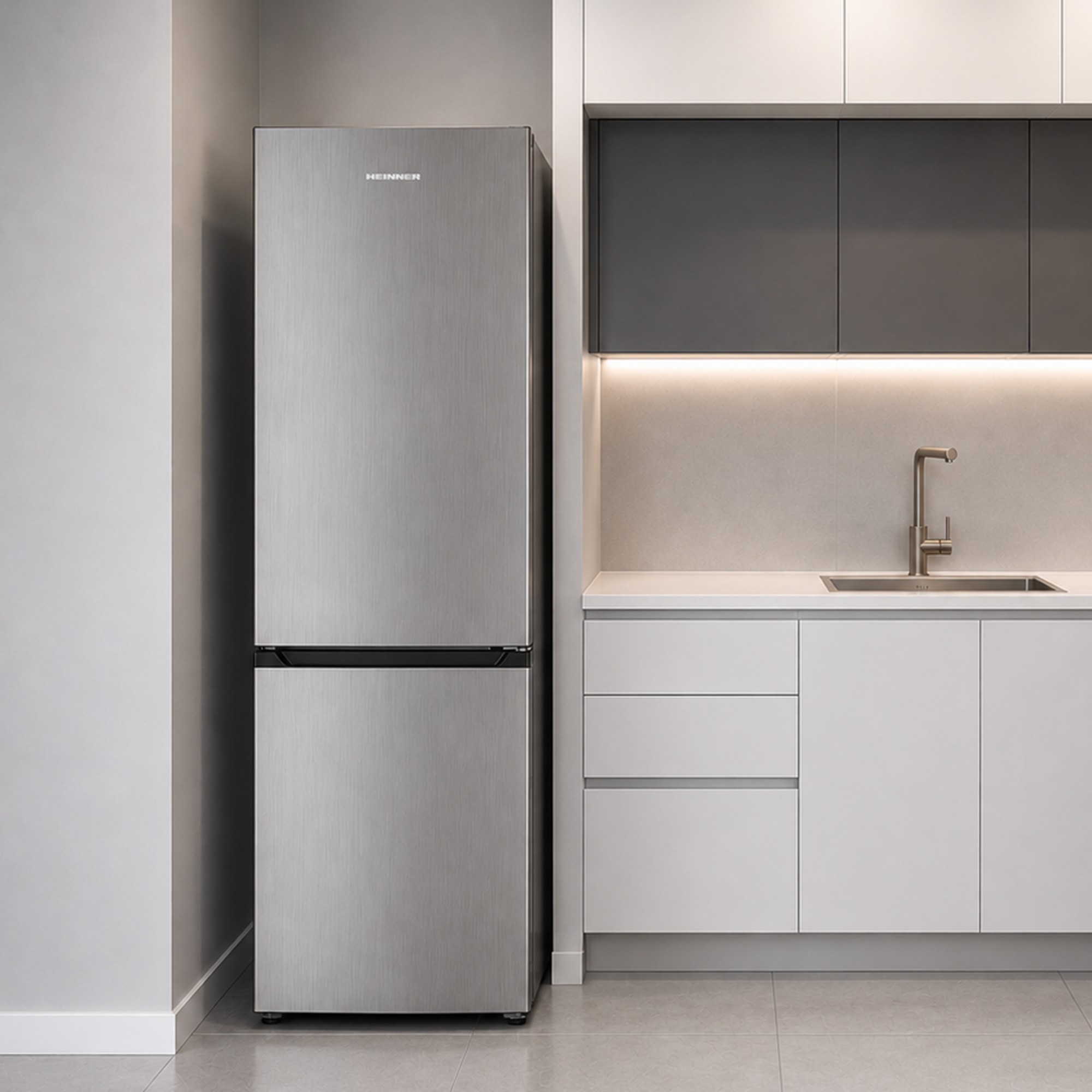 Un réfrigérateur en acier inoxydable se trouve dans une cuisine moderne avec des meubles blancs et sombres.