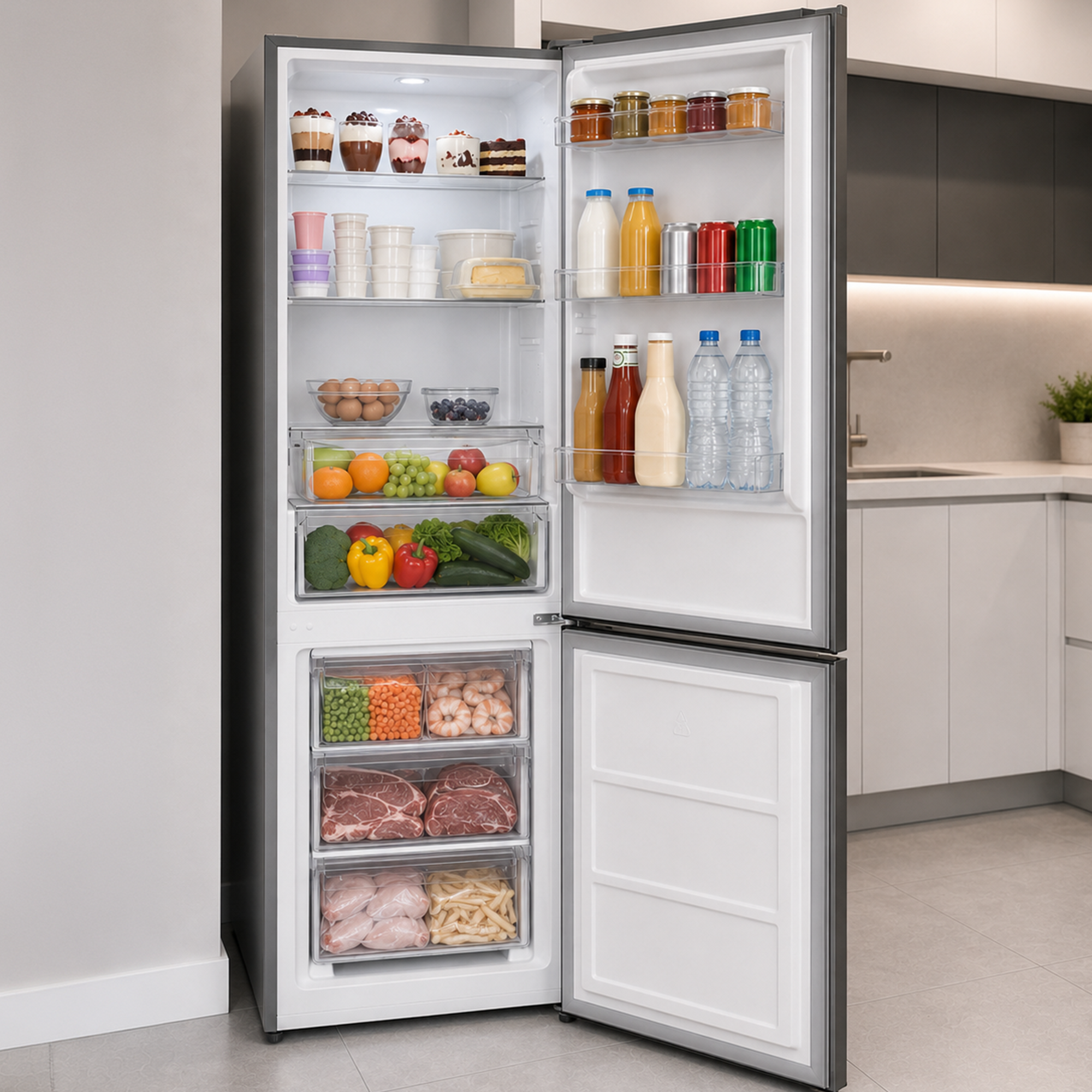 Un réfrigérateur ouvert dans une cuisine moderne, bien approvisionné en aliments frais et en boissons.