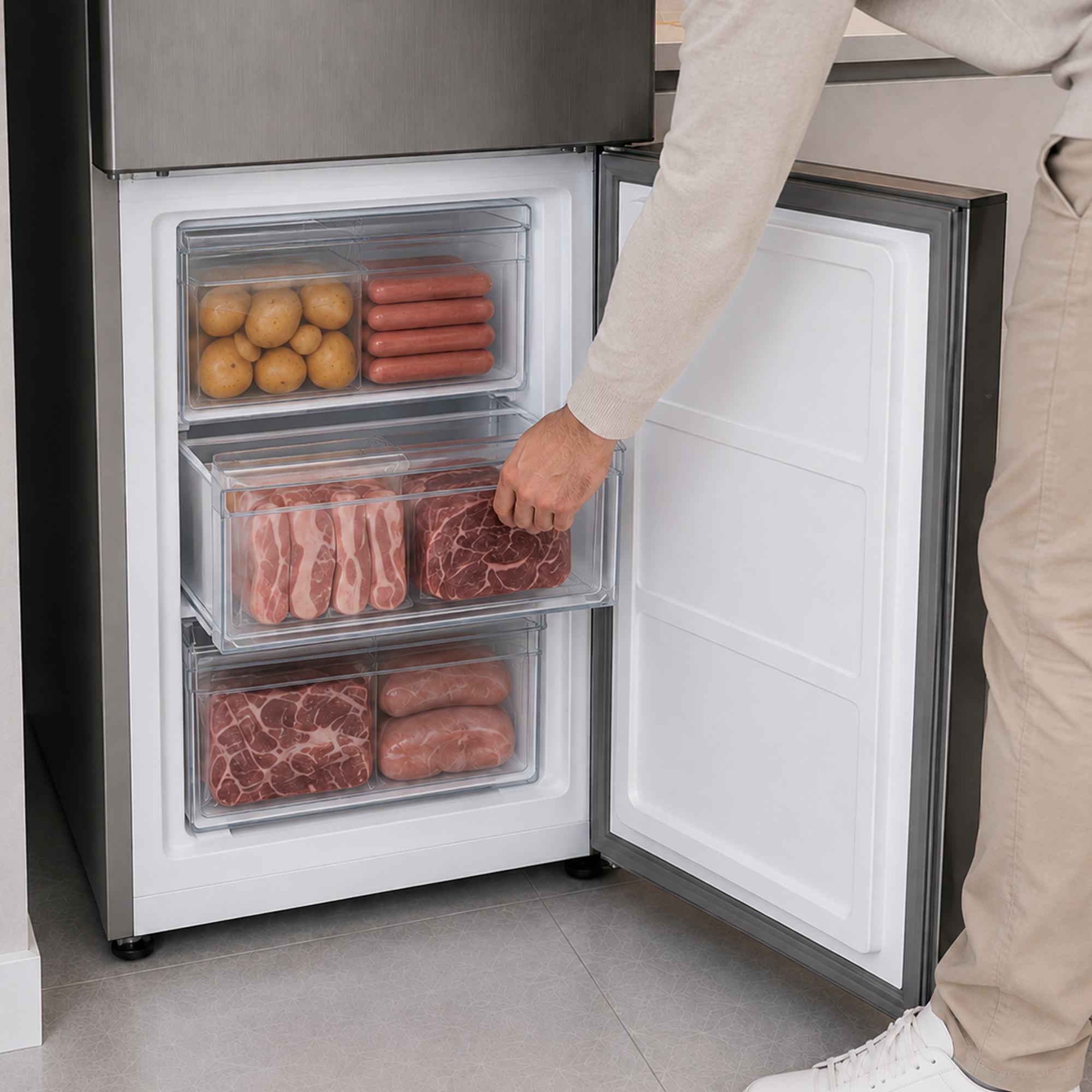 Une personne ouvre un congélateur encastrable avec des tiroirs transparents remplis de pommes de terre, de saucisses et de viande.