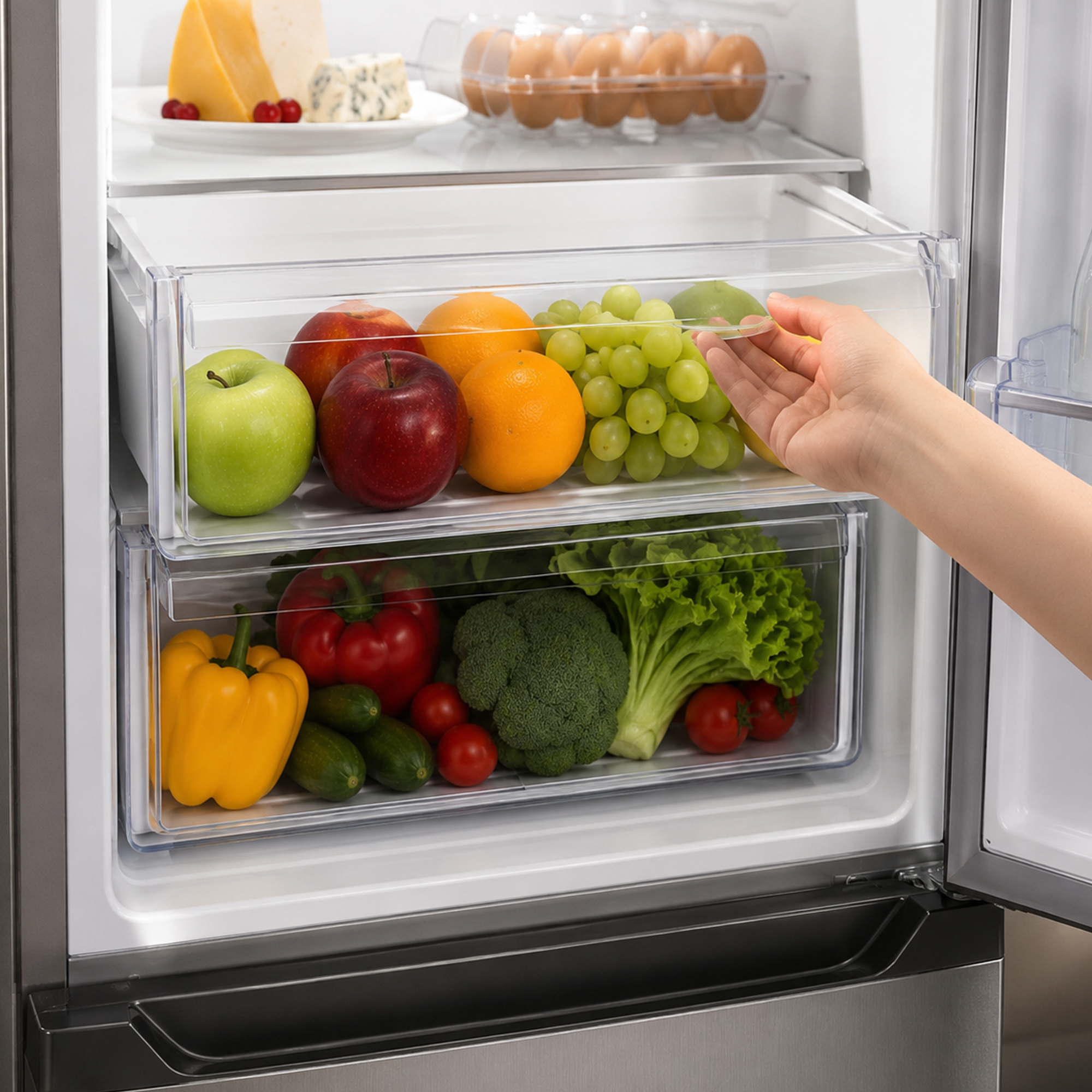 Une main ouvre un tiroir de réfrigérateur rempli de fruits et légumes, avec des œufs et du fromage au-dessus.