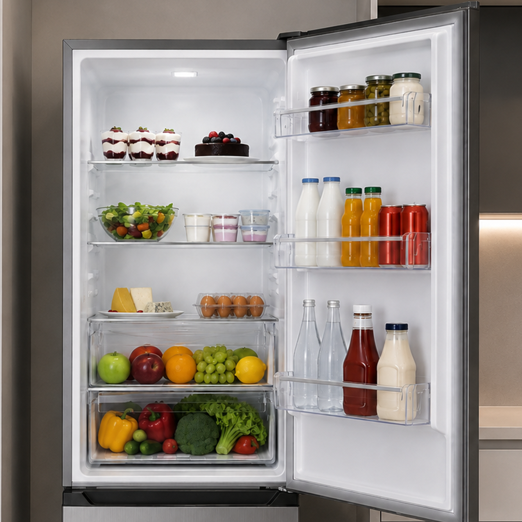 Un réfrigérateur ouvert rempli de fruits frais, de légumes, de boissons, de produits laitiers et de desserts.