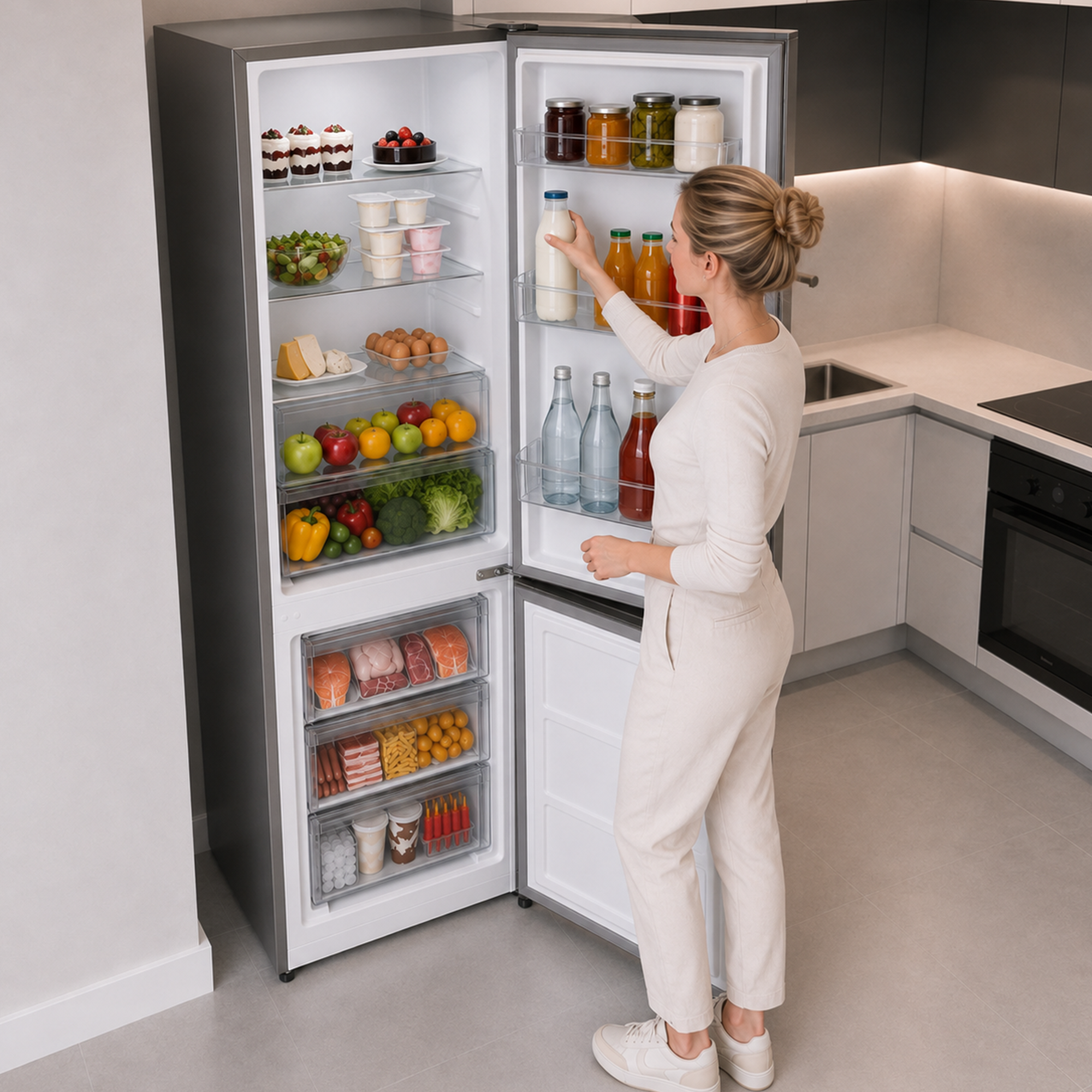 Une femme en vêtements blancs prend une bouteille de lait dans un réfrigérateur ouvert dans une cuisine moderne.
