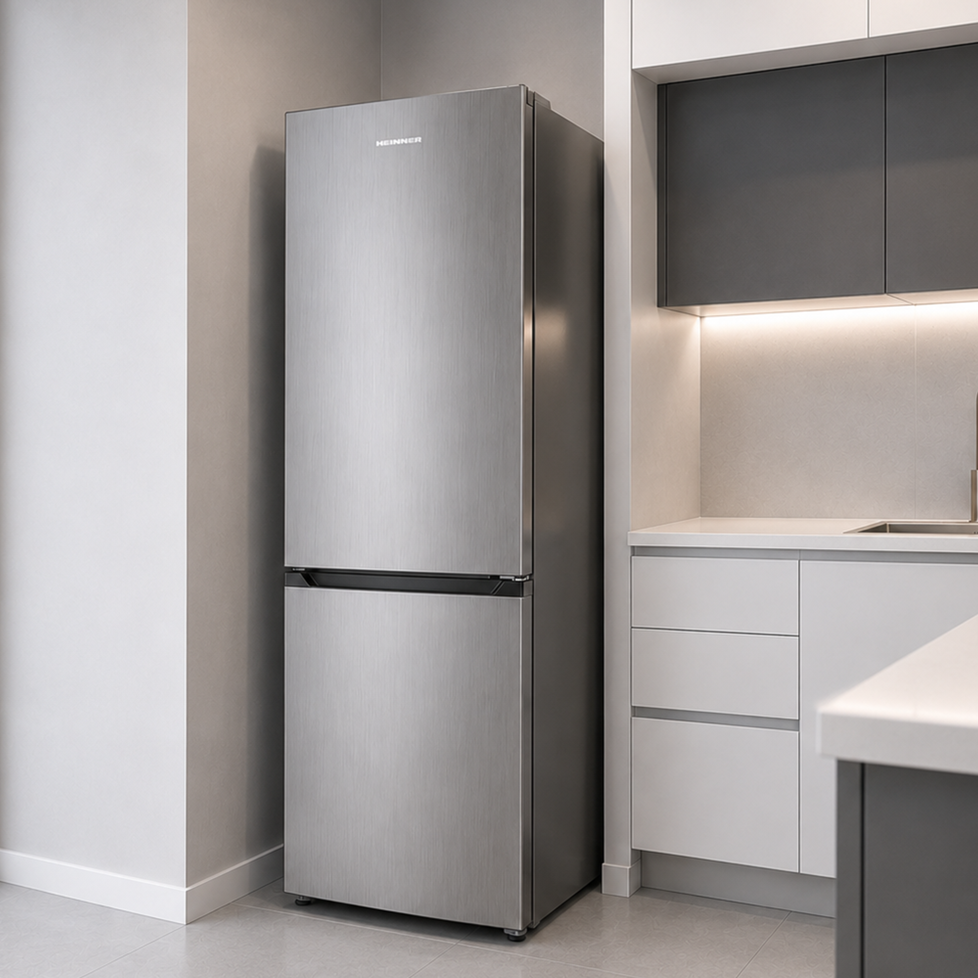 Réfrigérateur en acier inoxydable dans une cuisine moderne aux meubles blancs et gris.