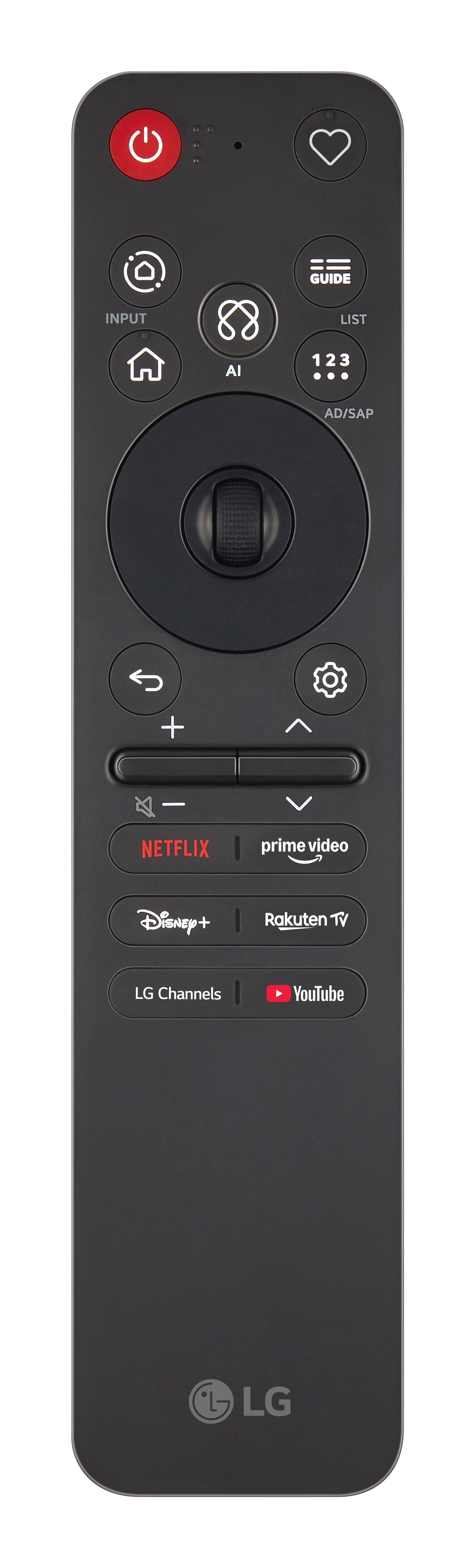 Eine schwarze LG-Fernbedienung mit zentralem Scrollrad, Streaming-Tasten und LG-Logo unten.