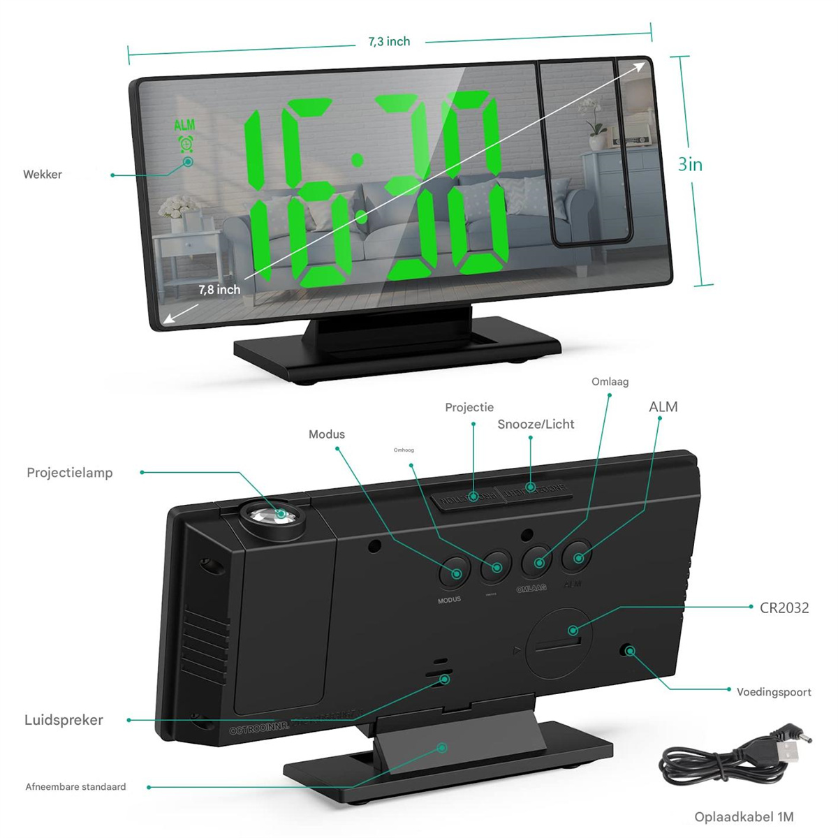 Digitale Projektionsuhr mit Abmessungen, Tastenbeschriftungen und beiliegendem Ladekabel.