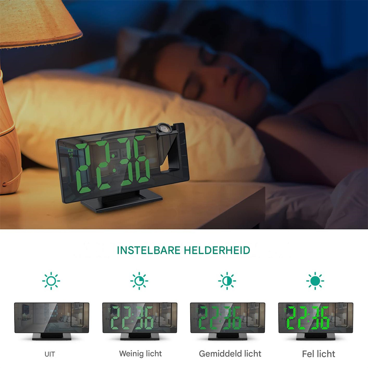 Digitale Projektionsuhr auf Nachttisch mit Frau, die im Hintergrund schläft.