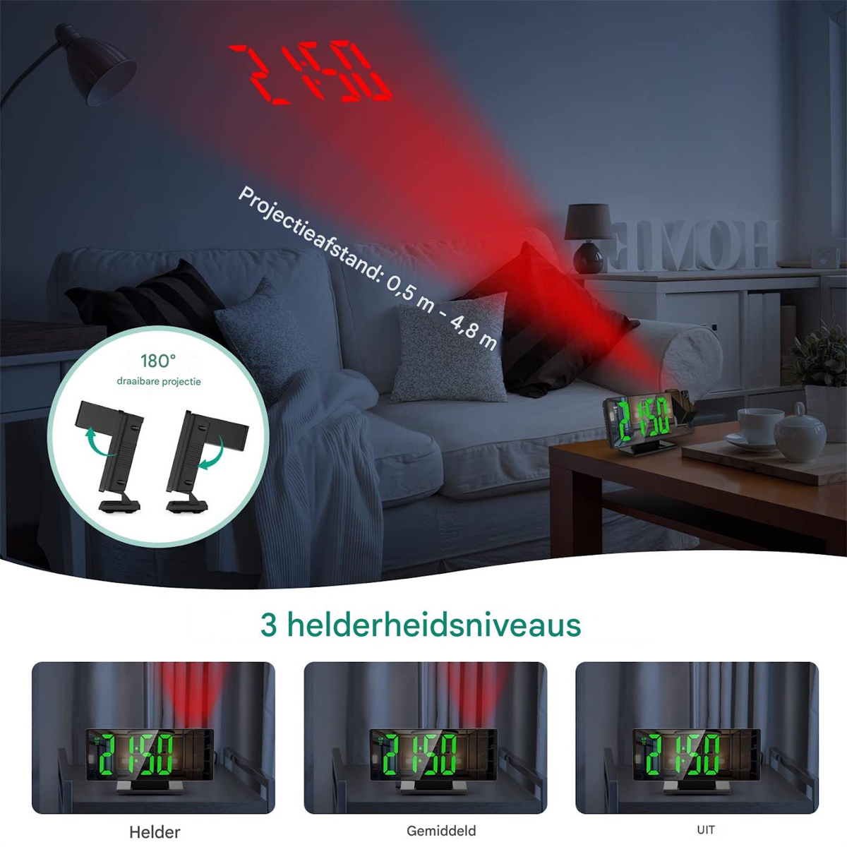 Projektionswecker auf Couchtisch projiziert rote Uhrzeit an Wand, mit Hinstellungs- und Helligkeitsdetails.