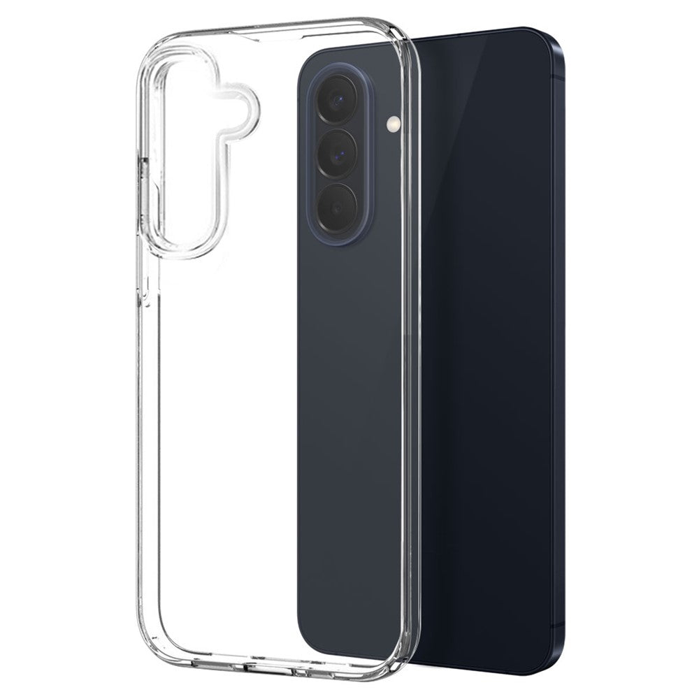Uno smartphone scuro accanto a una custodia protettiva trasparente su sfondo bianco.