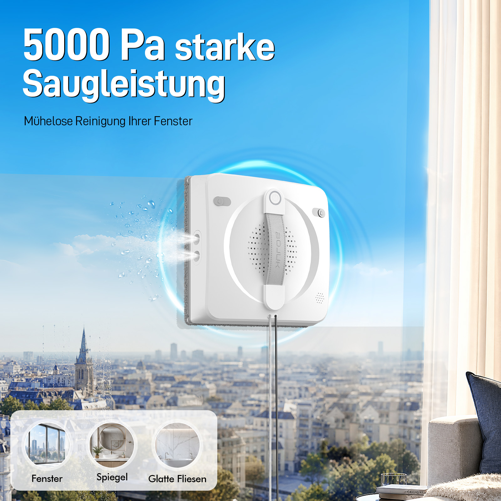 Ein weißer Fensterreinigungsroboter reinigt eine Fensterscheibe mit Blick auf eine Stadt.