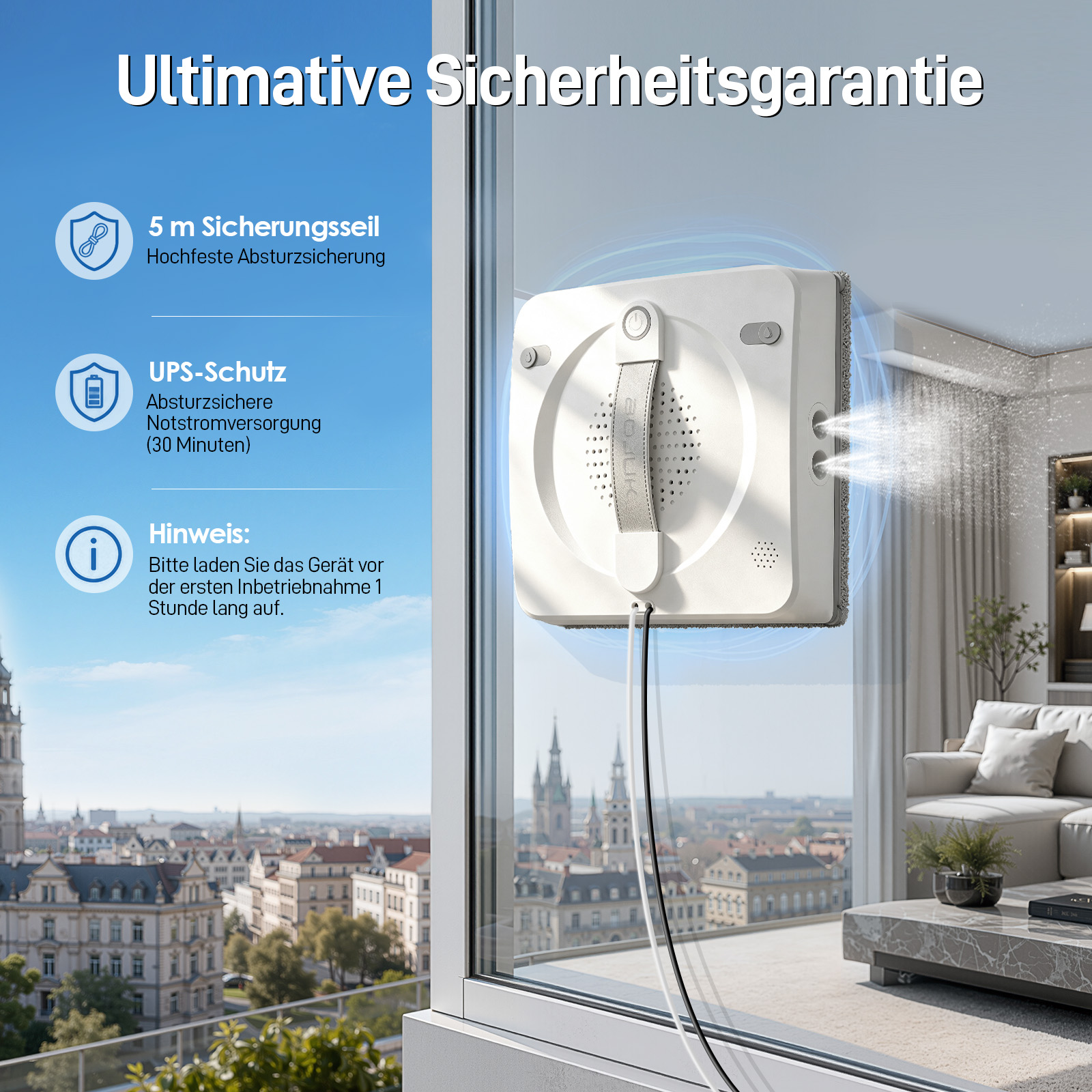 Ein weißer Fensterputzroboter reinigt ein Glasfenster mit Wassersprühnebel mit Blick auf eine Stadt.