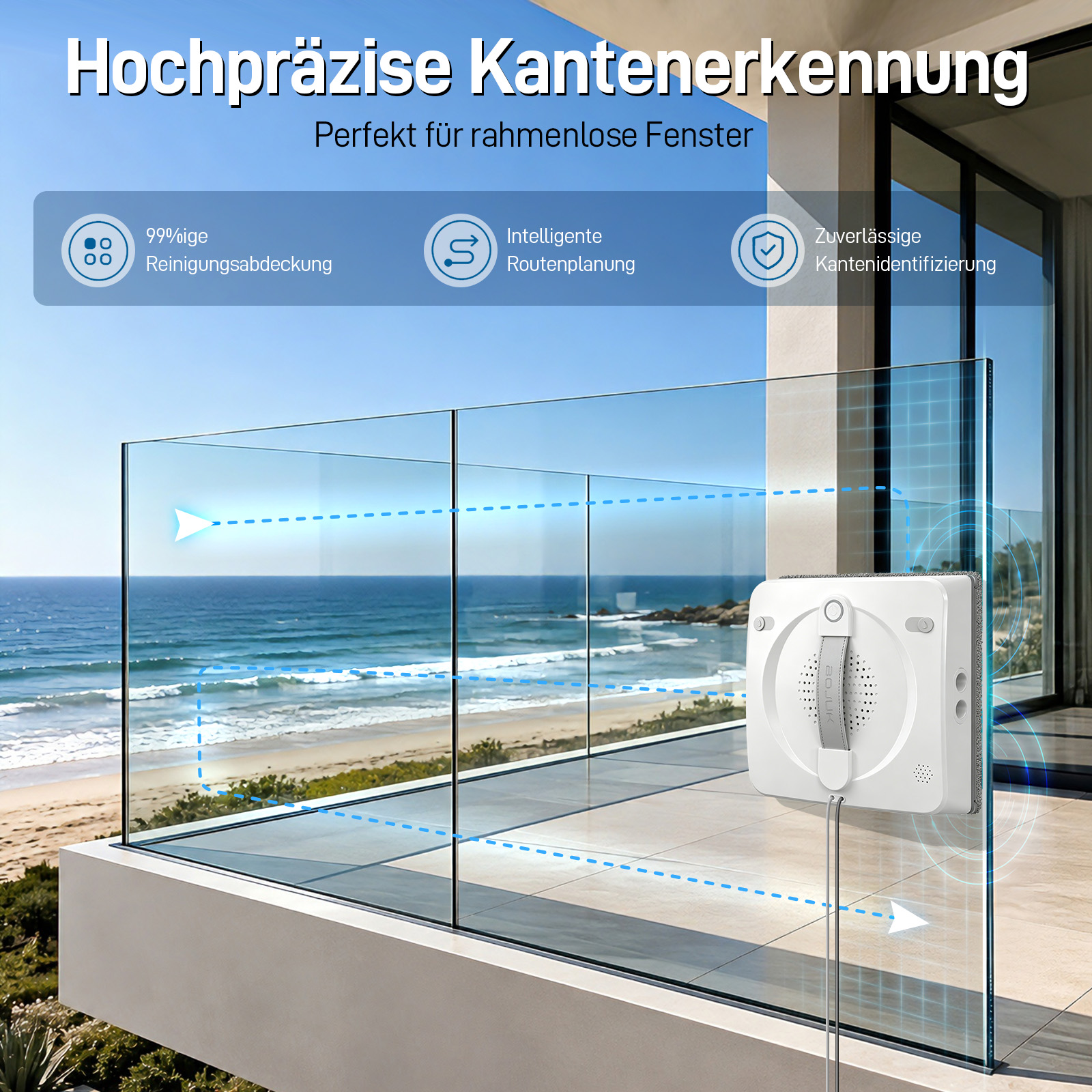 Ein weißer Fensterputzroboter reinigt eine Glasbrüstung mit Meerblick, umgeben von erklärenden Icons.