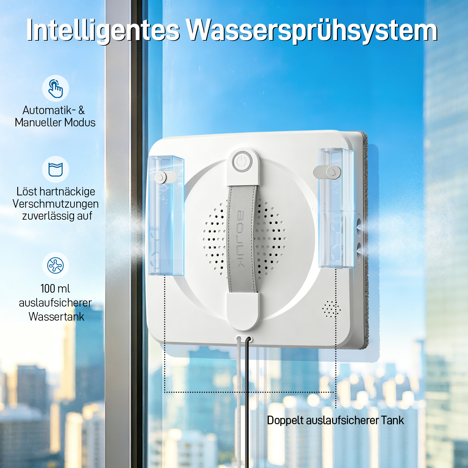 Ein weißer Fensterputzroboter mit Wassertanks an einer Glasscheibe vor einer Skyline.