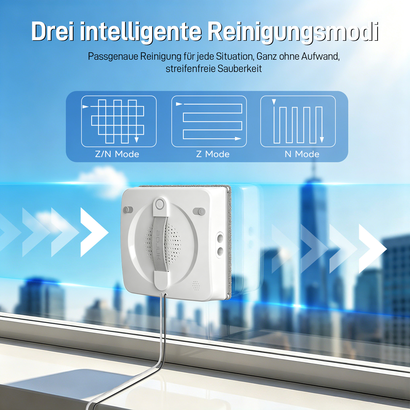 Ein weißer Fensterreinigungsroboter reinigt eine Glasfläche vor einer Stadtkulisse mit drei Modi.