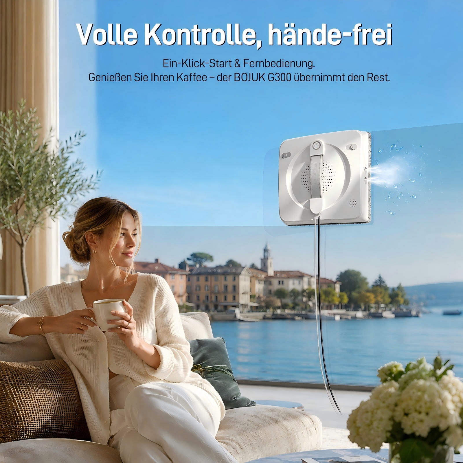 Eine Frau sitzt entspannt auf einem Sofa und hält eine Tasse Kaffee, während ein Roboter ein Fenster putzt.