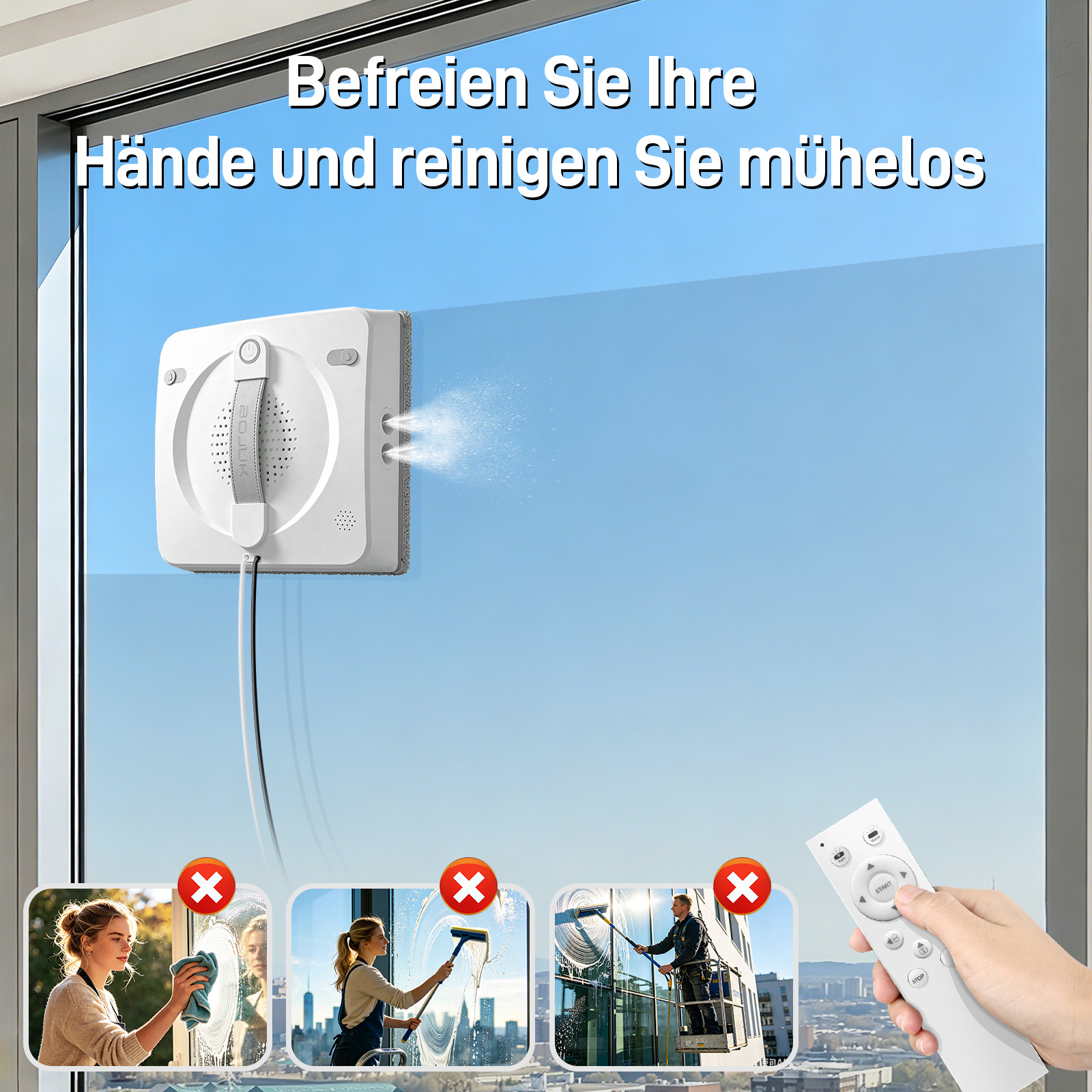 Ein weißer Fensterputzroboter reinigt eine Fensterscheibe, bedient per Fernbedienung, im Vergleich zu manuellem Putzen.