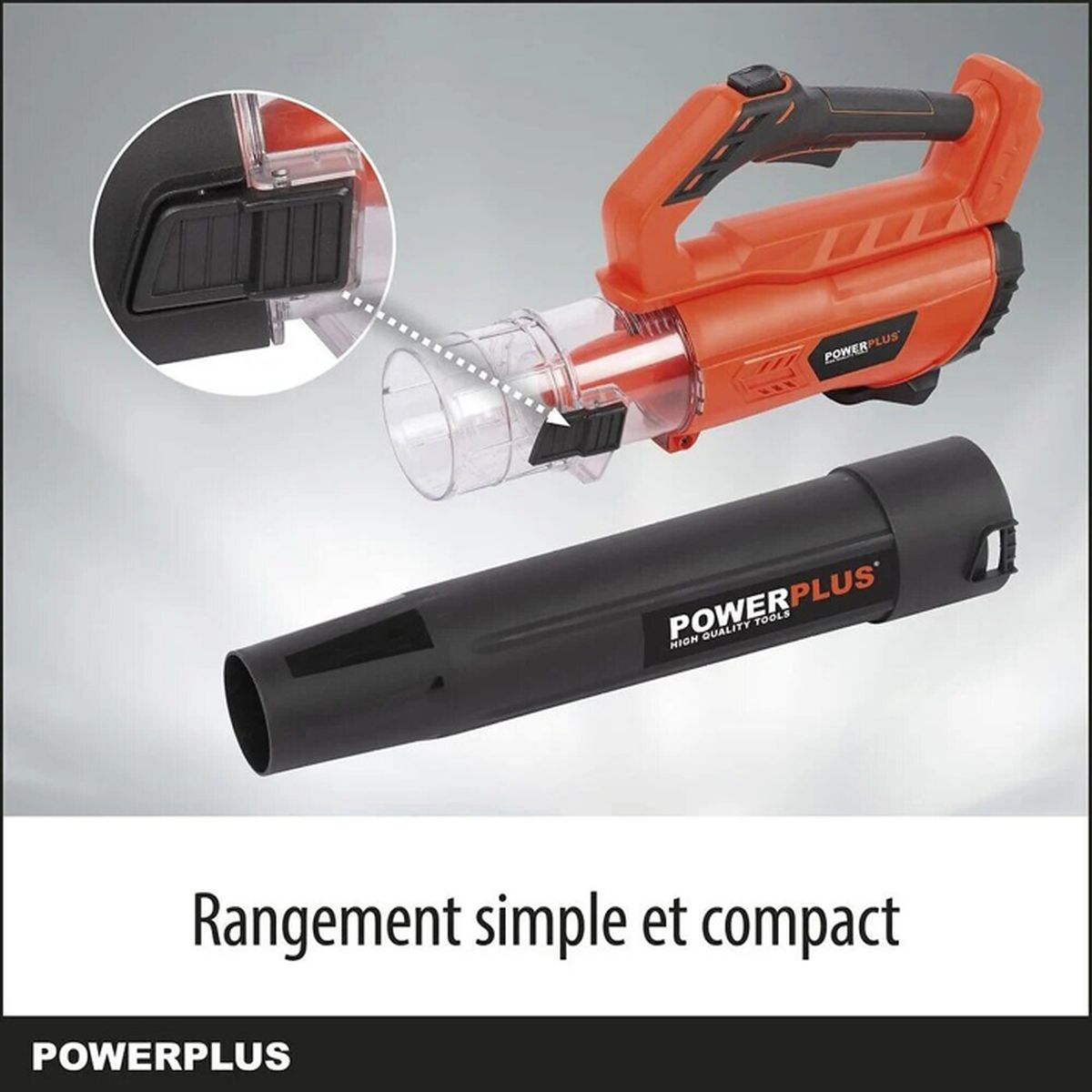 Orange-schwarzer Powerplus Laubbläser mit abnehmbarem Rohr und Detailansicht des Clips.