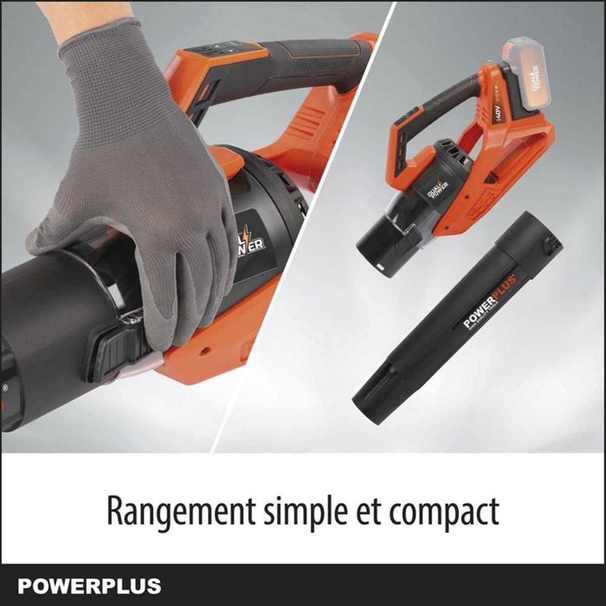 Ein bemalter Handschuh hält einen orange-schwarzen Powerplus-Staubsauger, mit Zubehör und Text.