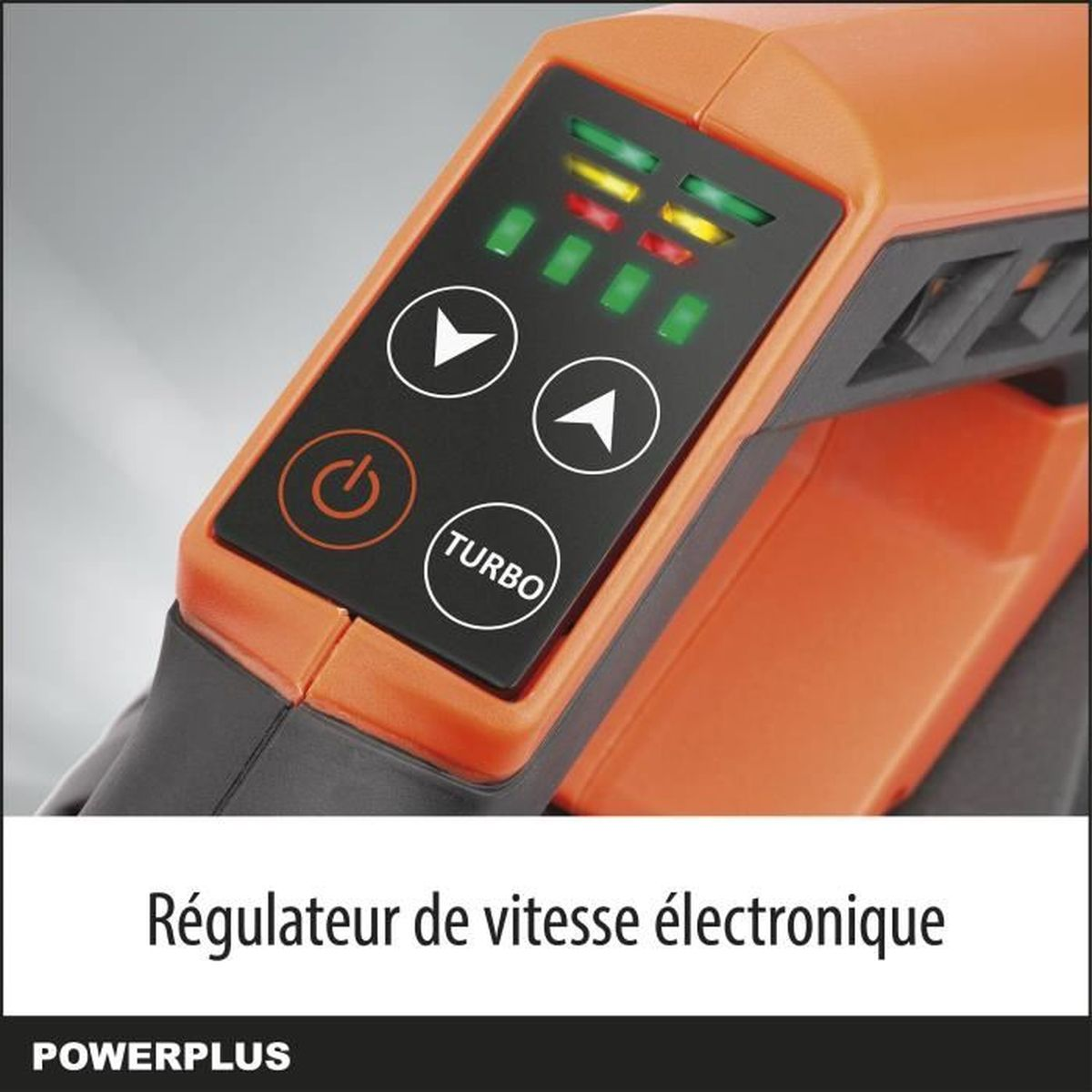 Nahaufnahme der elektronischen Geschwindigkeitsregelung an einem orange-schwarzen Werkzeug.