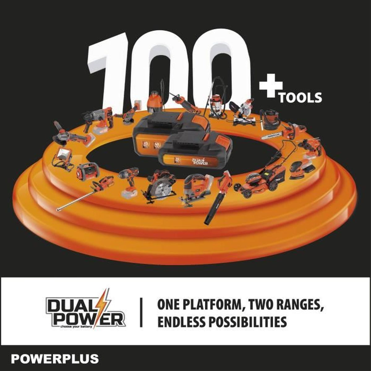 Verschiedene orange und schwarze Powerplus Werkzeuge auf einer Plattform mit dem Text 100+ Tools.