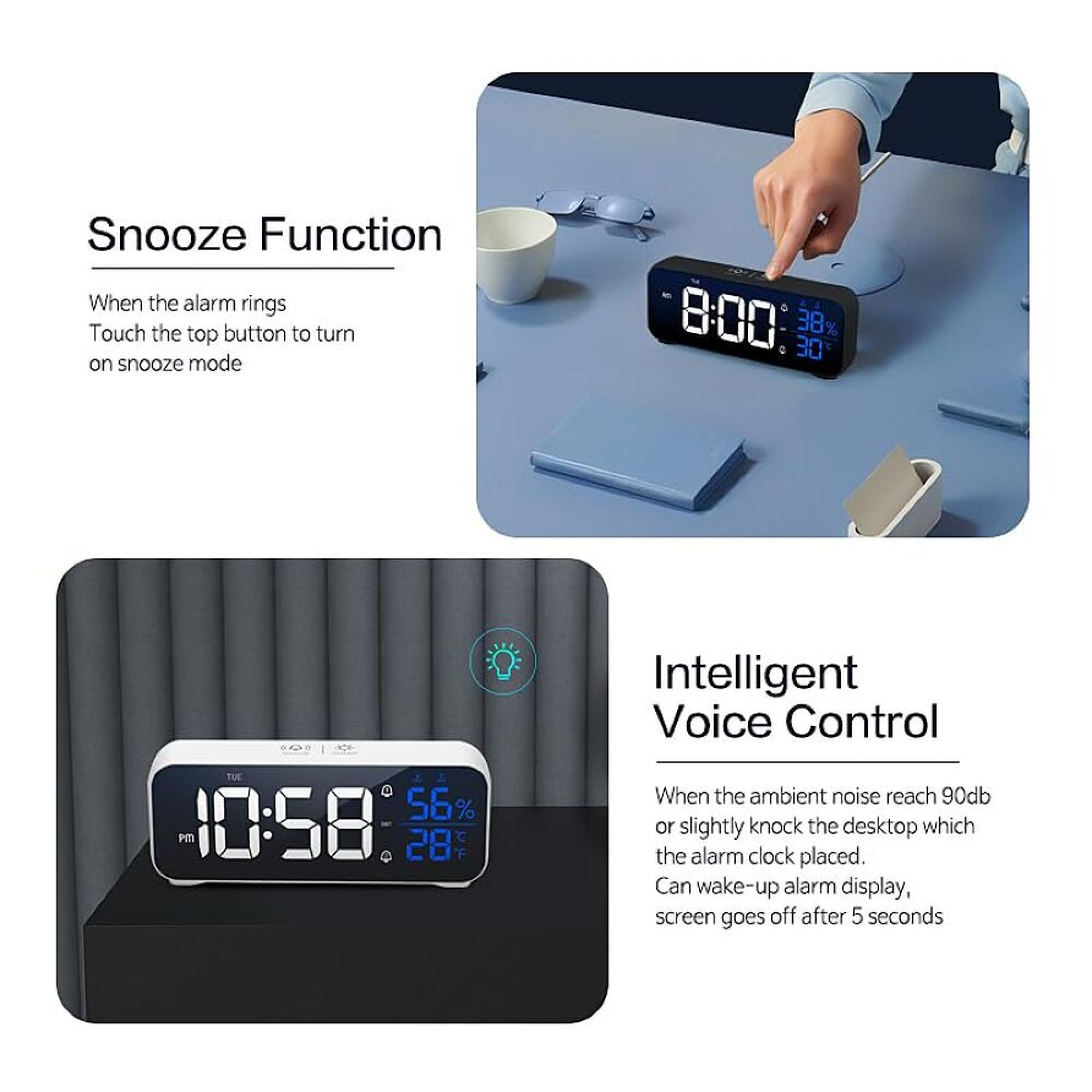 Digitale Wecker zeigen Snooze-Funktion und Sprachsteuerung mit Displays für Uhrzeit, Datum, Luftfeuchtigkeit und Temperatur.