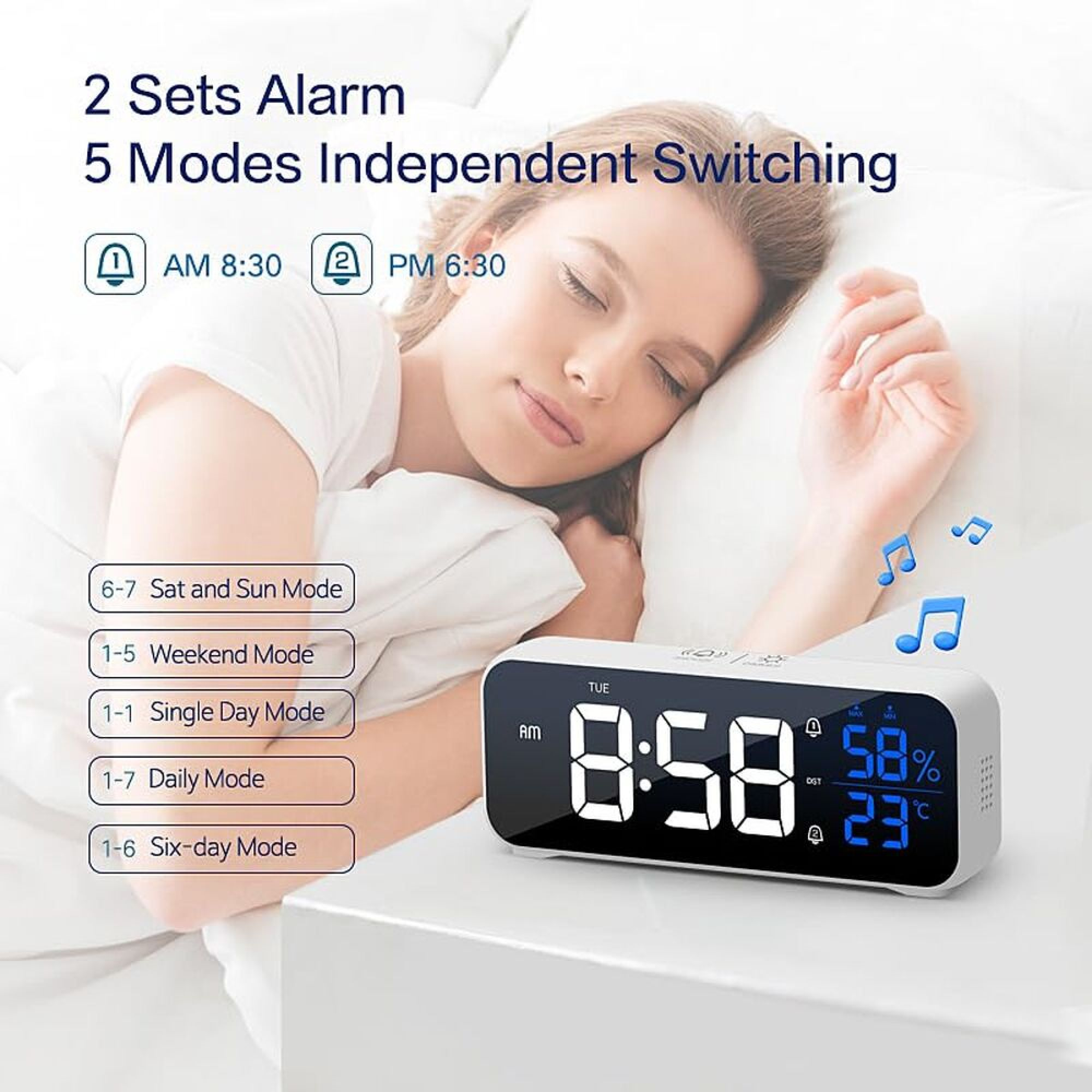 Eine Frau schläft friedlich im Bett neben einem modernen Digitalwecker mit Display.