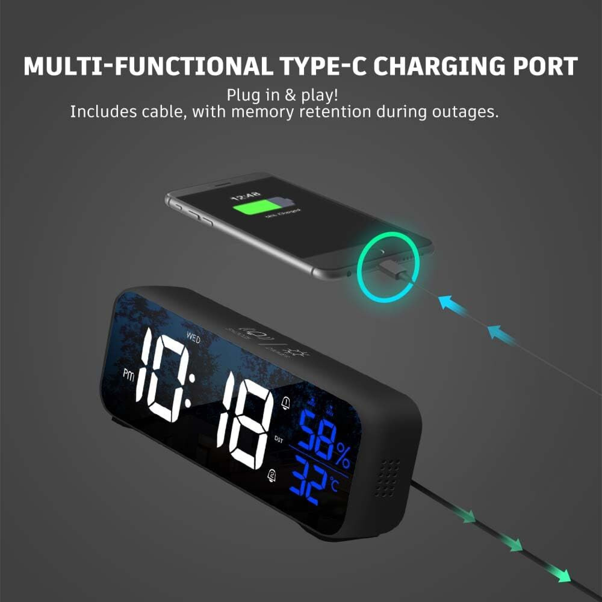 Digitale Weckuhr mit USB-C Ladeanschluss und Display für Uhrzeit, Feuchtigkeit und Temperatur.