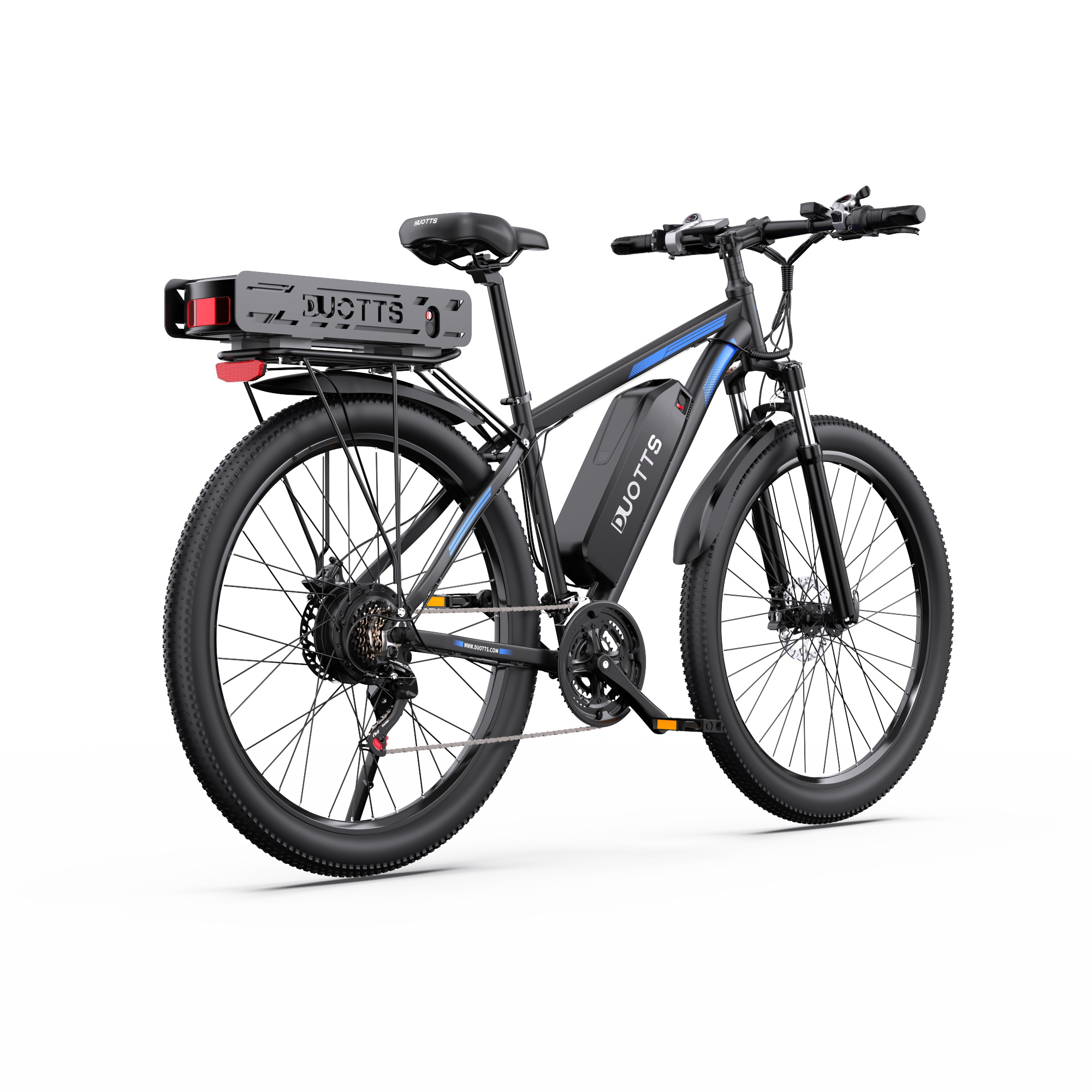 Schwarzes DUOTTS Elektrofahrrad mit dickem Rahmen, Gepäckträgerbatterie und Vorder- und Hinterreifen auf weißem Grund.